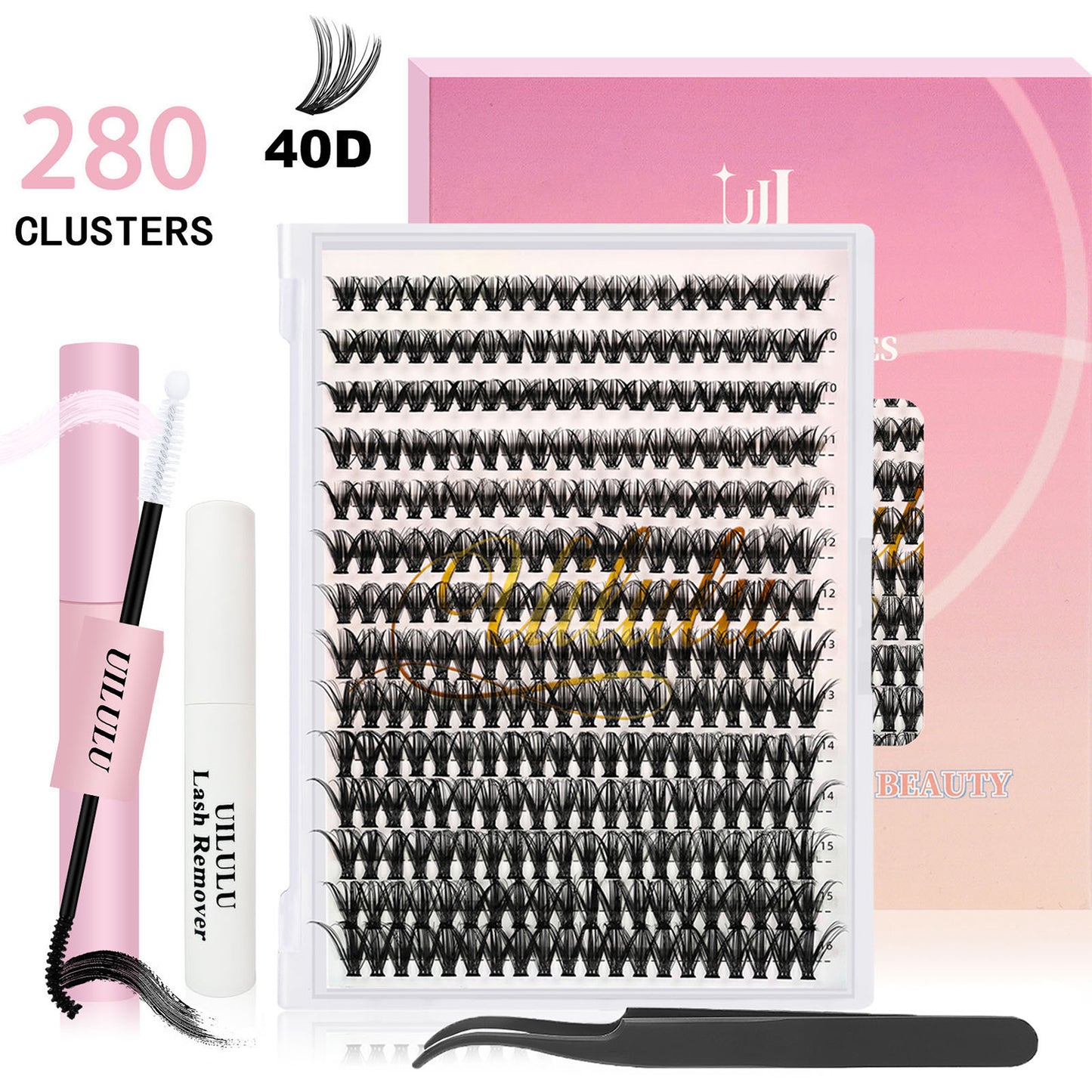 UILULU DIY Lash Extension Kit 280pcs Individual Lashes Clusters D Curl Lash Clusters, Lash Kit with Lash Bond and Seal, Remover, Lash Tweezers (40D-0.07D-9-16MM Kit)