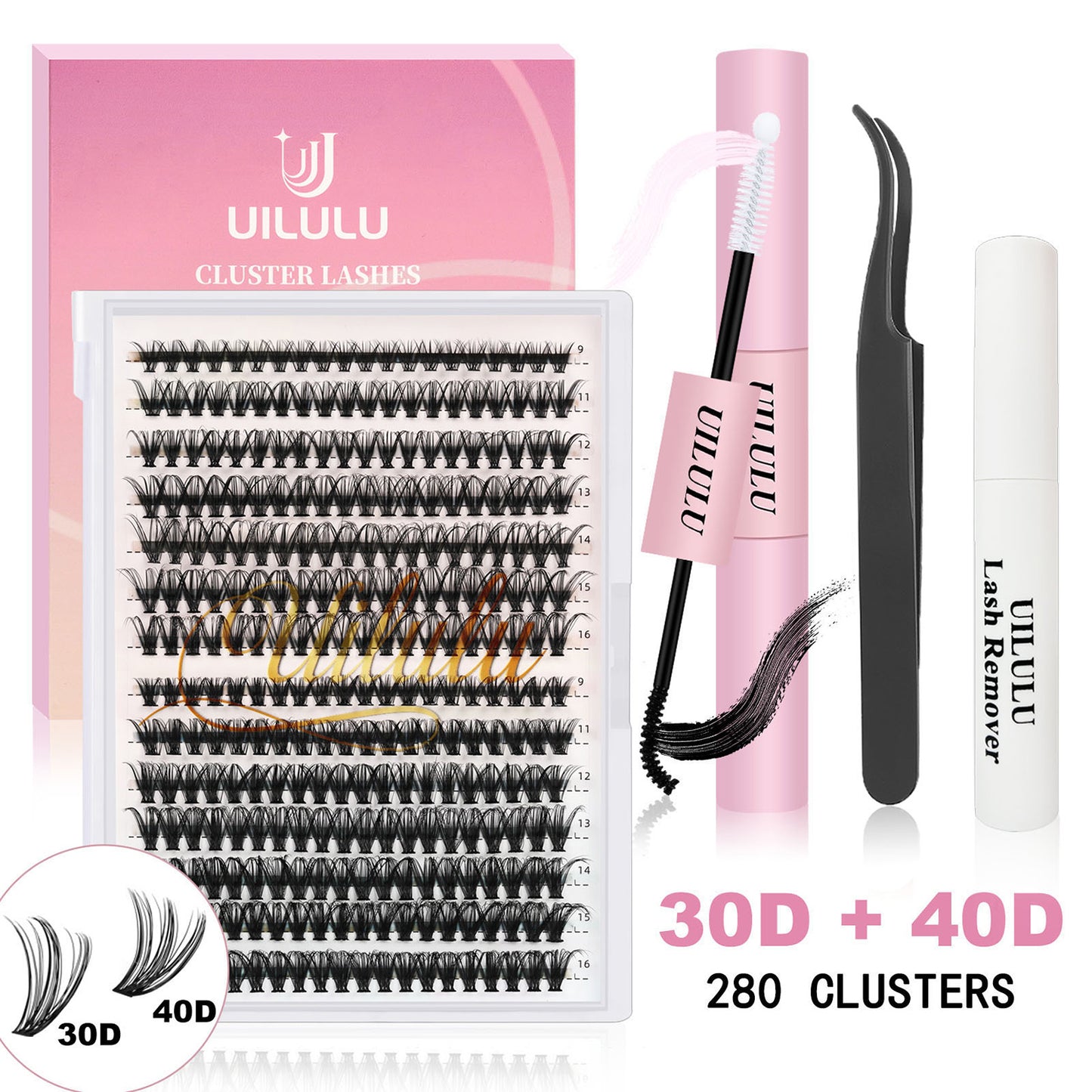 UILULU DIY Lash Extension Kit 280pcs Individual Lashes Clusters D Curl Lash Clusters, Lash Kit with Lash Bond and Seal, Remover, Lash Tweezers (30D+40D-0.07D-9-16MM Kit)