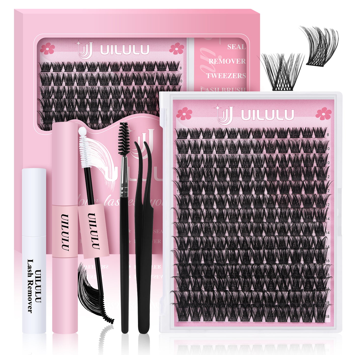 UILULU DIY Lash Extension Kit 168 Count D Curl Clusters Lashes Individual Lash Clusters , Lash Kit with Lash Bond & Seal, Lash Remover, Lash Tweezers, and Lash Brush D Curl-0.07-8-18MM (U04 Lash Kit)