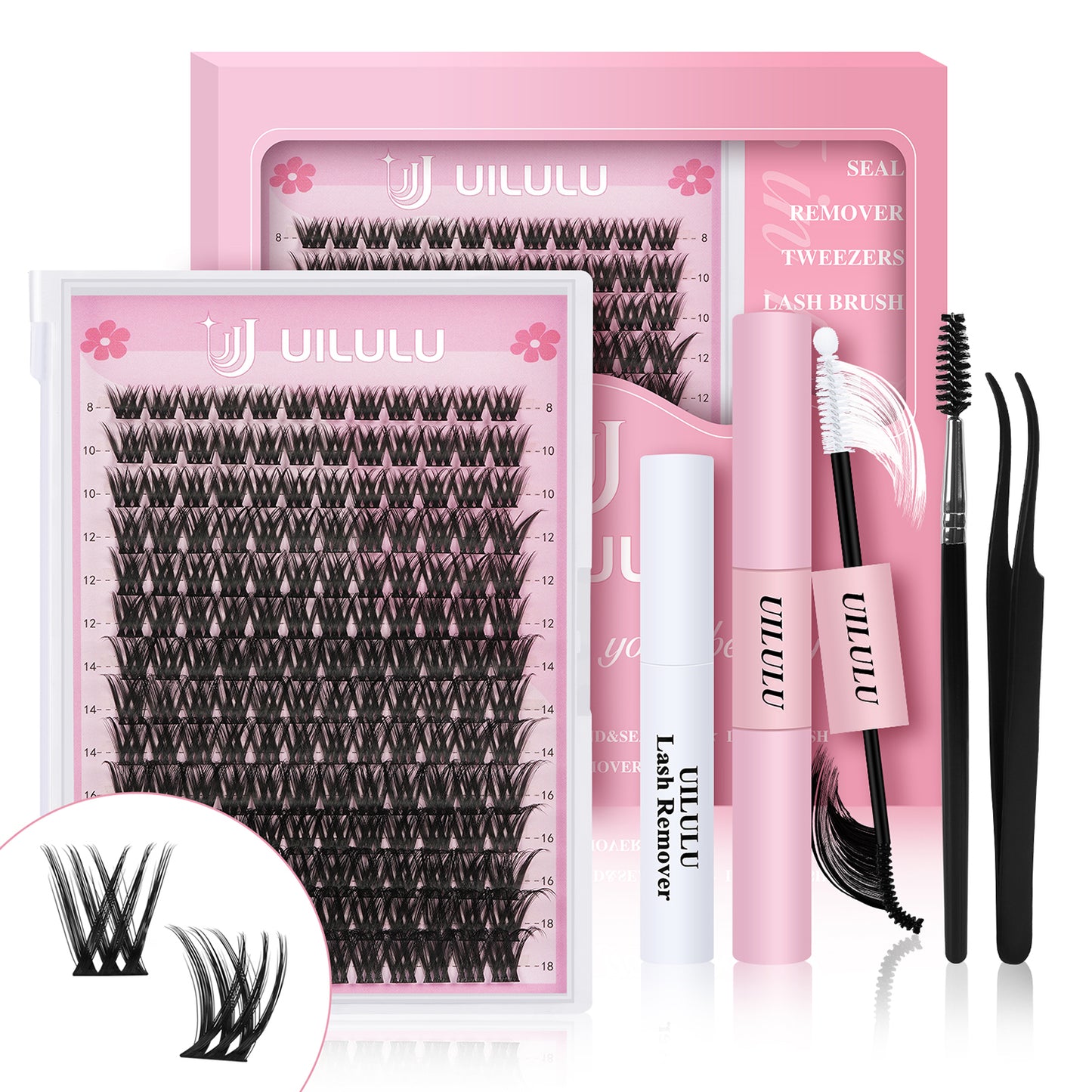 UILULU DIY Lash Extension Kit 168 Count Individual Lash Clusters D Curl Clusters Lashes, Lashes Kit with Lash Bond & Seal, Lash Remover, Lash Tweezers, and Lash Brush D Curl-0.07-8-18MM (U03 Lash Kit)