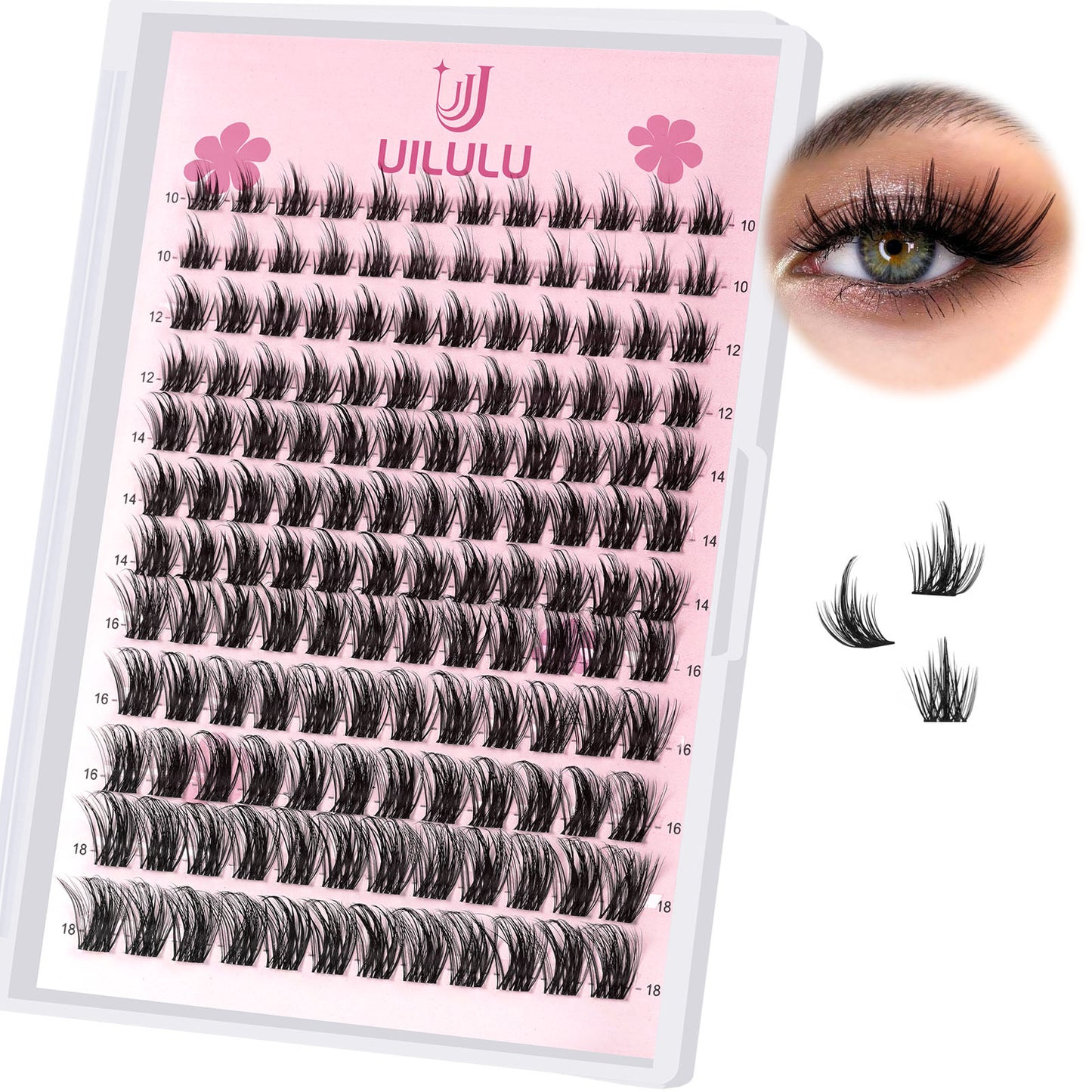 Uilulu Lash Clusters D Curl Invisible Band Clusters Lashes 0.07D 10-18 MIX 144 Eyelashes Individual Lashes DIY Lash Extensions at Home False Lashes Wide Band Wispy Eye Lash Clusters(U06 Lash Only, 10-18mix)