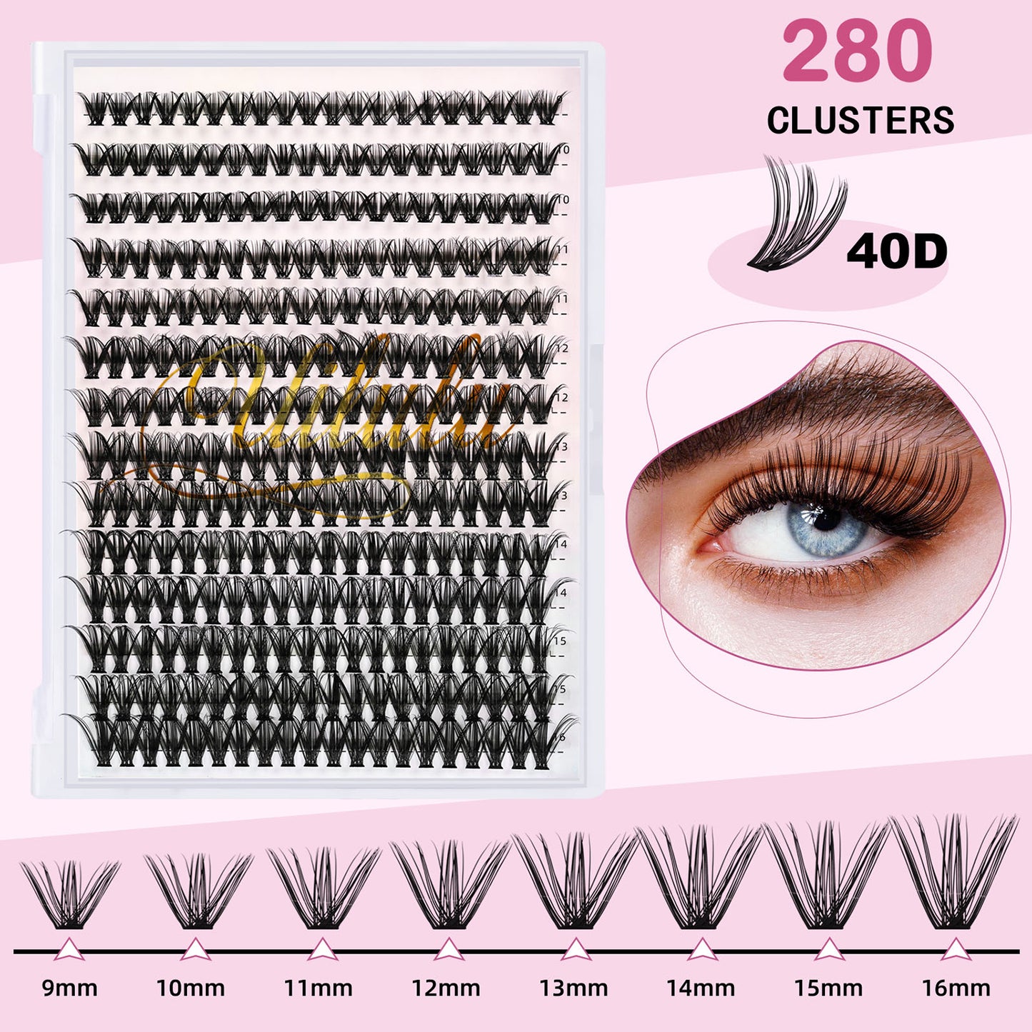 UILULU DIY Cluster Lashes 280pcs Individual 40D Lashes Clusters D Curl Eyelash Extension, False Eyelashes Lash Clusters At Home Lash Extensions (40D-0.07D-9-16MM Lash Only)