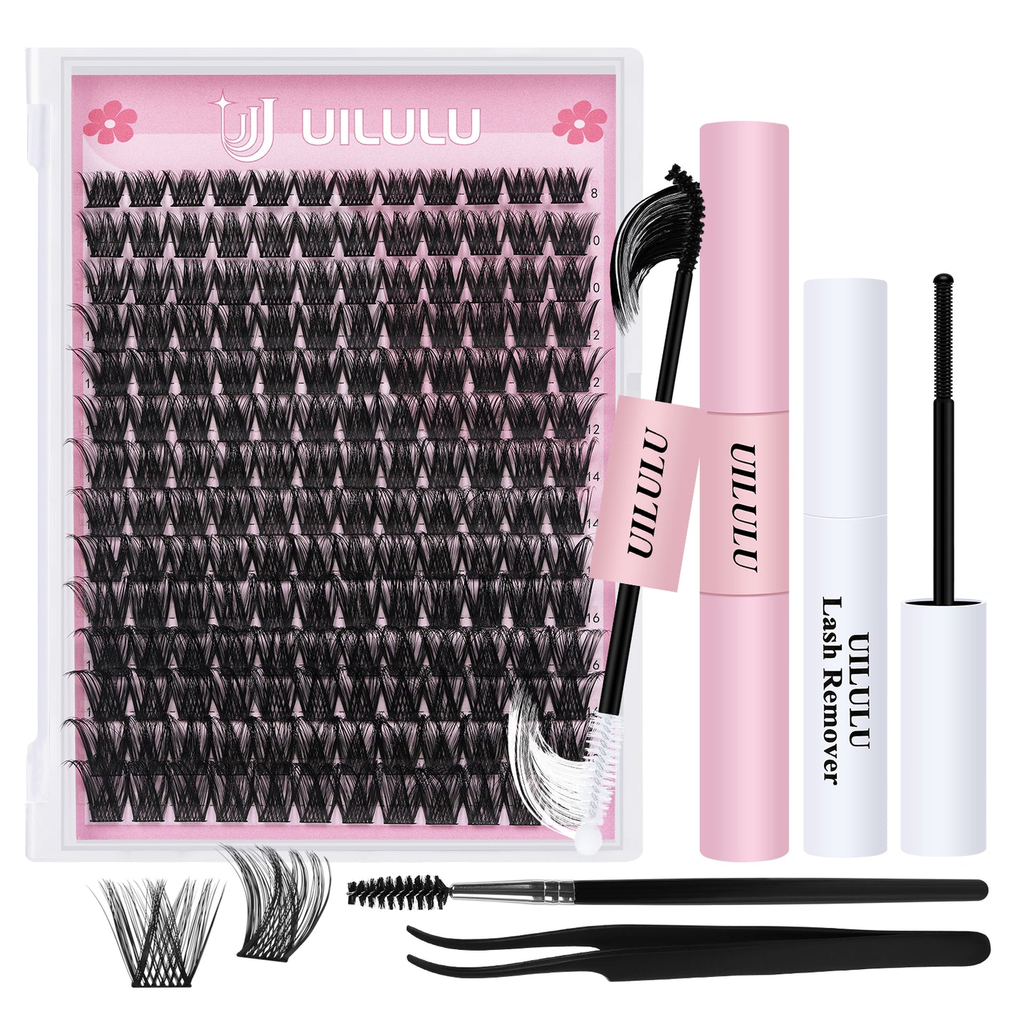 UILULU DIY Lash Extension Kit 168 Count D Curl Clusters Lashes Individual Lash Clusters , Lash Kit with Lash Bond & Seal, Lash Remover, Lash Tweezers, and Lash Brush D Curl-0.07-8-18MM (U04 Lash Kit)
