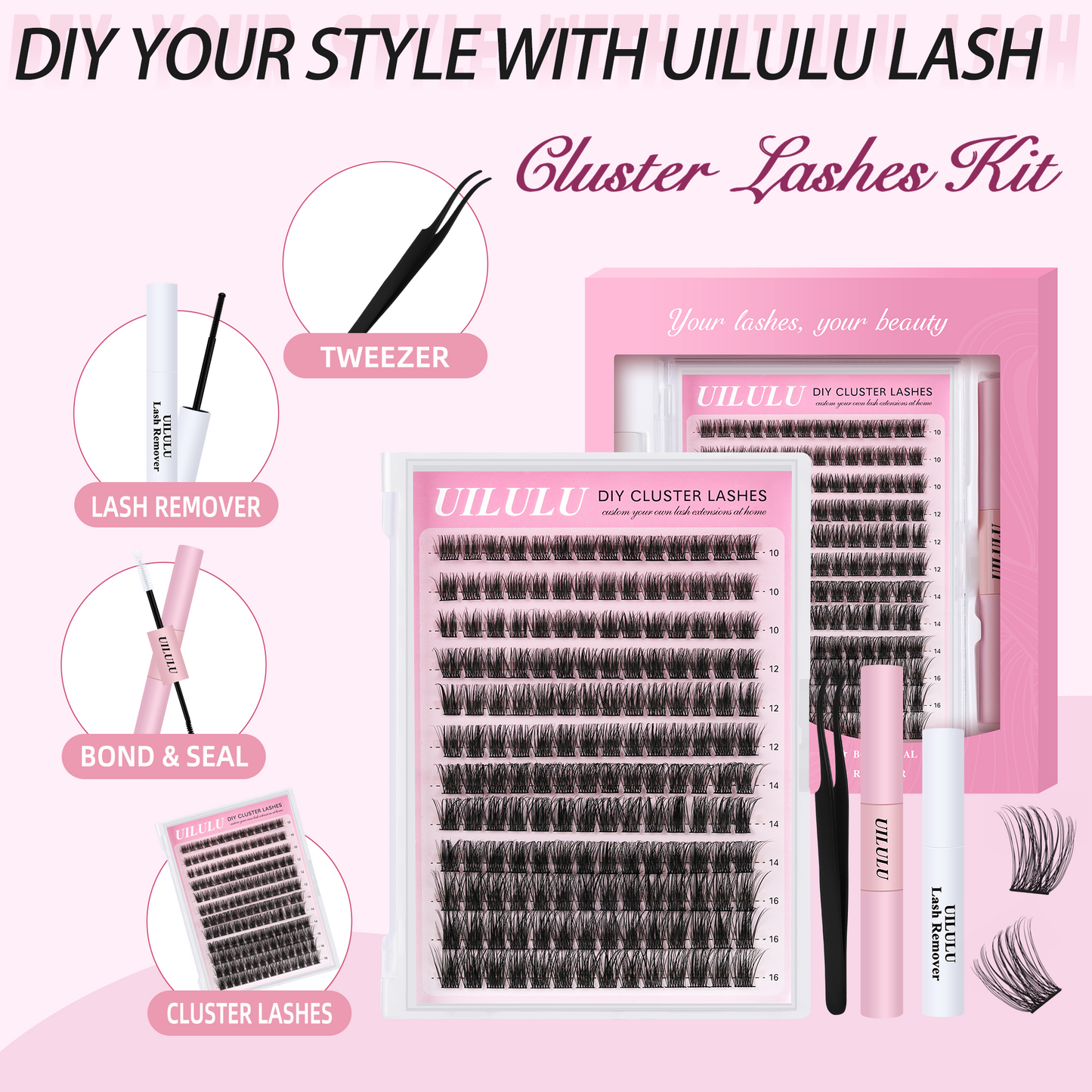 Uilulu Lash Clusters kit 10-16mm DIY Lash Extension Kit 144 D Curl Fluffy Clusters Lashes 0.07D Individual Lashes Clusters False Eyelashes Set Eye Lash Kits Extensions Kit (U11 Lash Kit)
