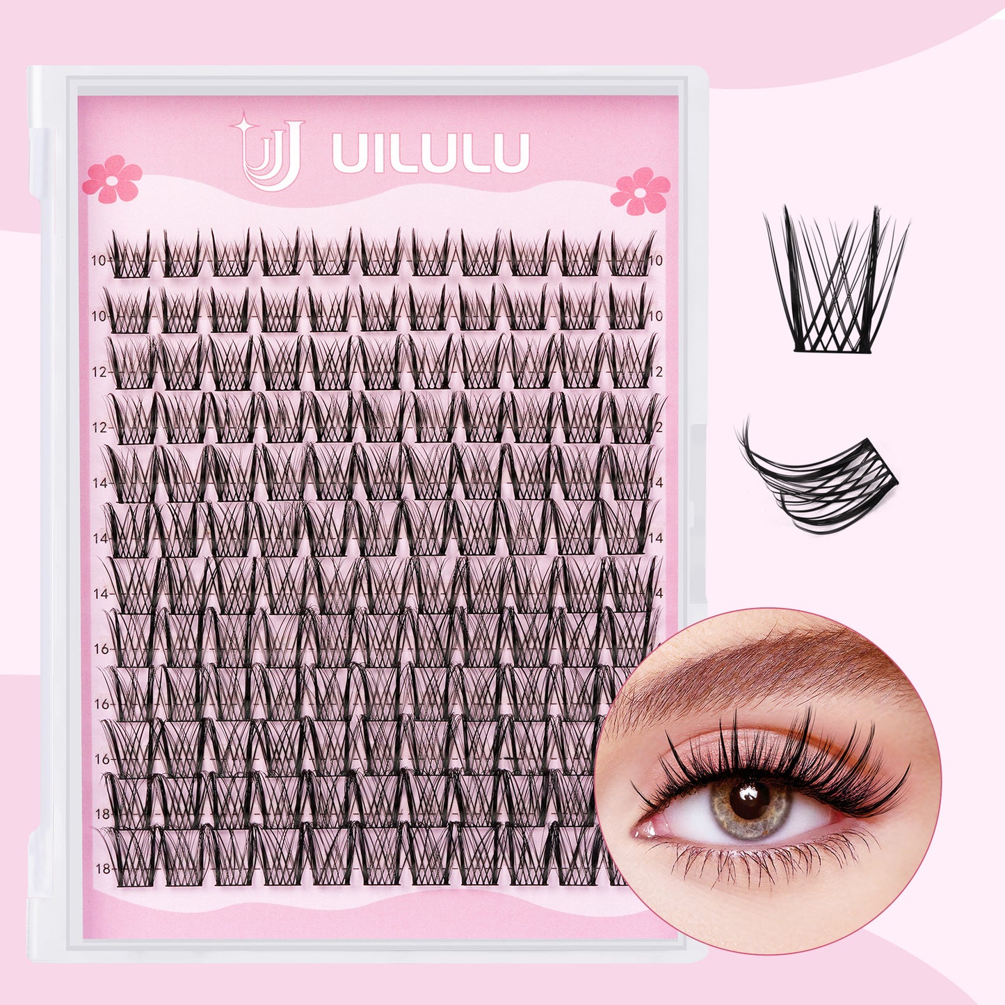 Uilulu Lash Clusters D Curl Wispy Clusters Lashes 0.07D 10-18 MIX 132 Eyelashes Individual Lashes DIY Lash Extensions at Home False Lashes Wide Band Natural Eye Lash Clusters(U09 Lash Only, 10-18mix)