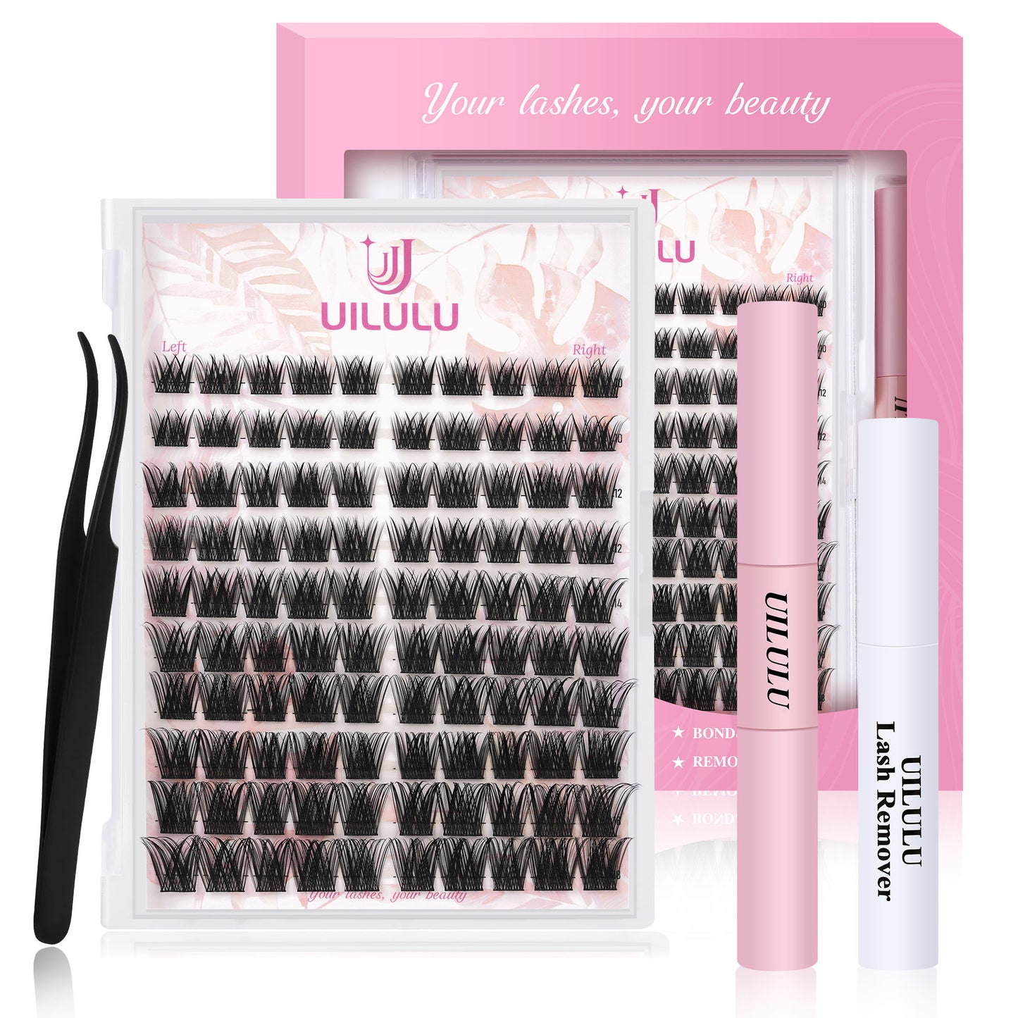 Uilulu Lash Clusters Kit 10-18mm D Curl Clusters Eyelash Extensions Kit False Eyelash Clusters, DIY Lash Extension Kit with Lash Bond & Seal, Lash Glue Remover, Lash Tweezers(U17 Lash Kit)