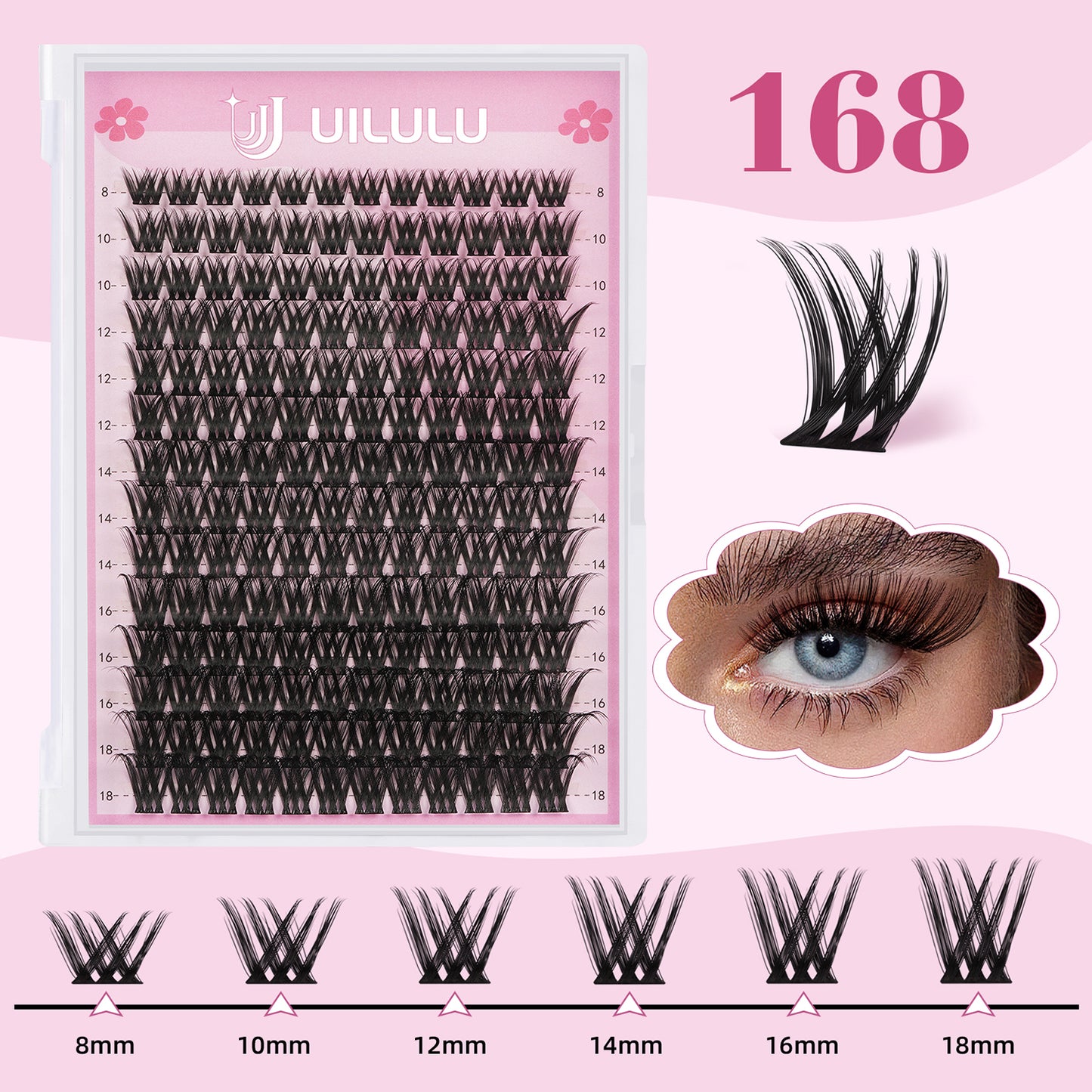 UILULU DIY Lash Extension Kit 168 Count Individual Lash Clusters D Curl Clusters Lashes, Lashes Kit with Lash Bond & Seal, Lash Remover, Lash Tweezers, and Lash Brush D Curl-0.07-8-18MM (U03 Lash Kit)
