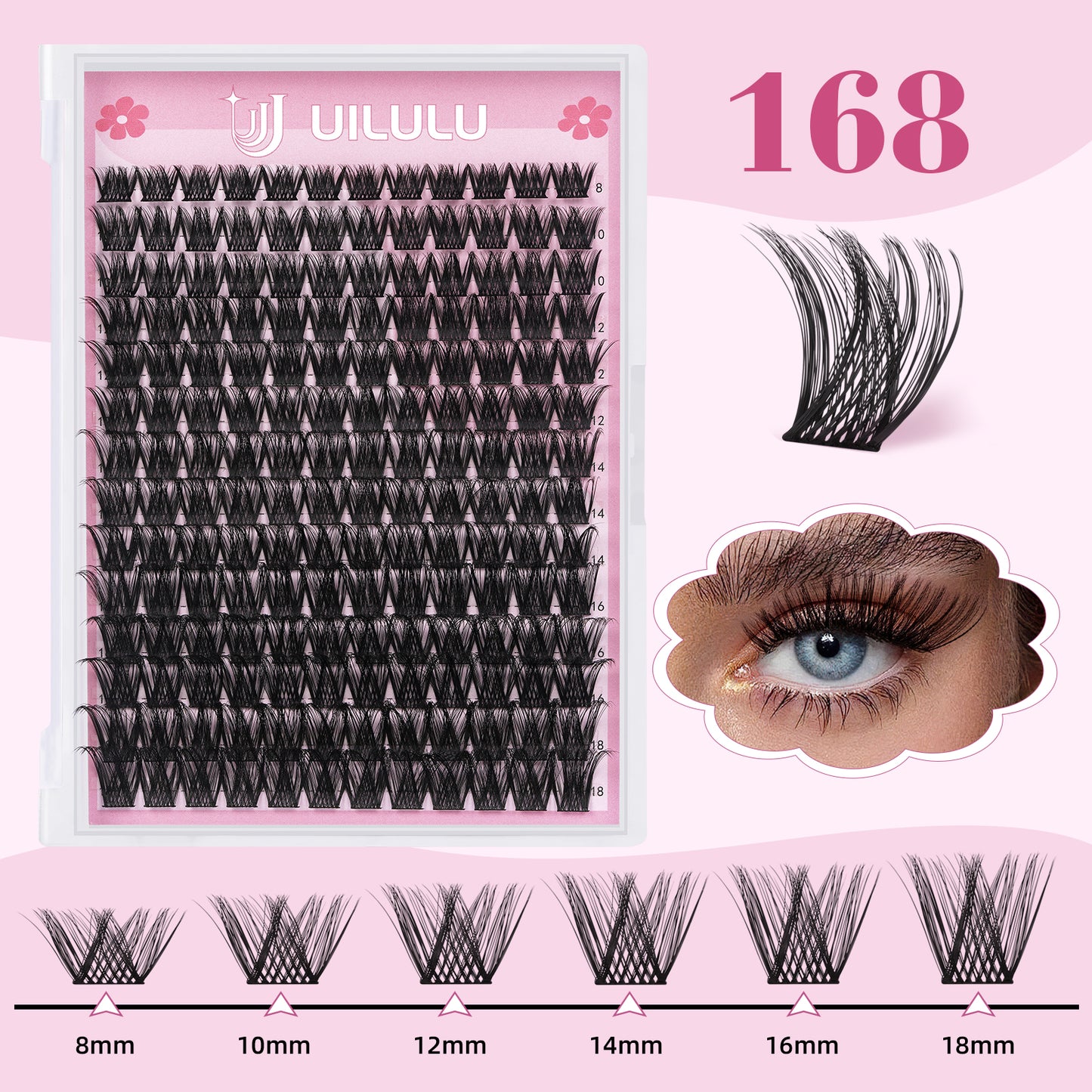 UILULU DIY Lash Extension Kit 168 Count D Curl Clusters Lashes Individual Lash Clusters , Lash Kit with Lash Bond & Seal, Lash Remover, Lash Tweezers, and Lash Brush D Curl-0.07-8-18MM (U04 Lash Kit)
