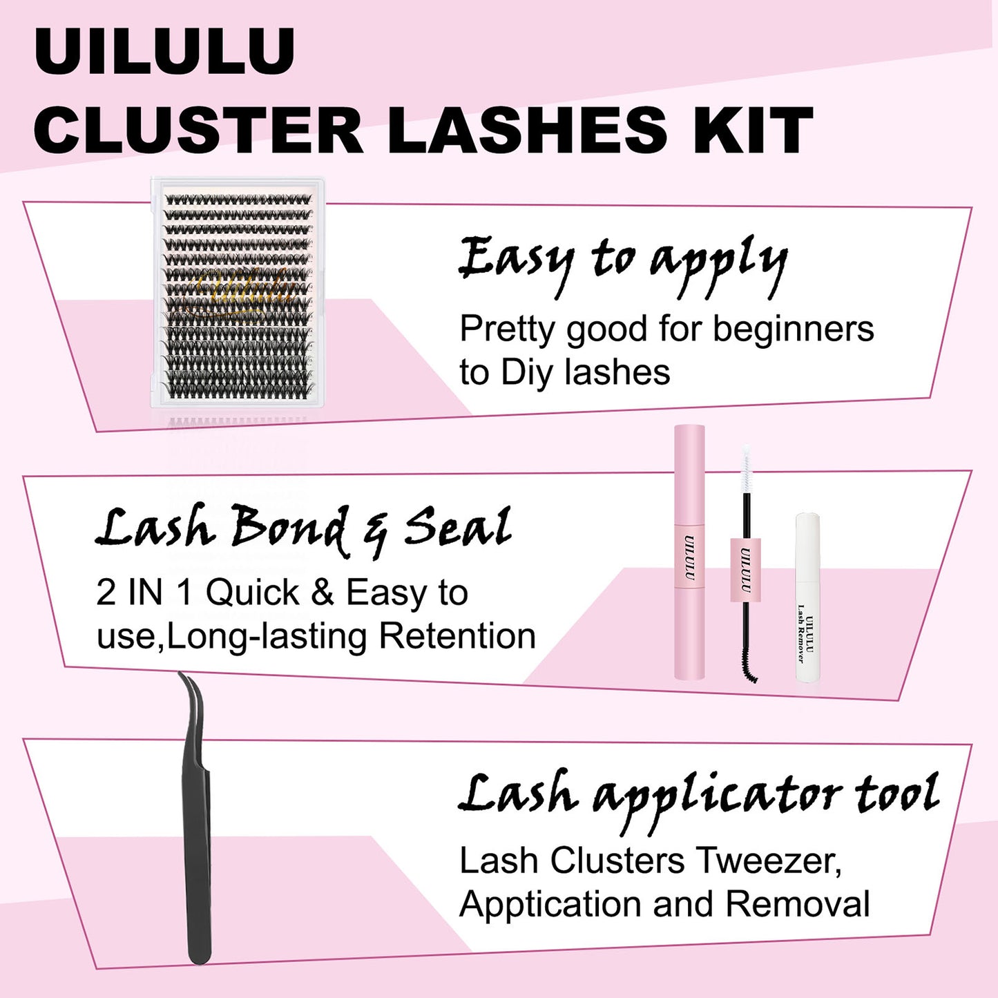 UILULU DIY Lash Extension Kit 280pcs Individual Lashes Clusters D Curl Lash Clusters, Lash Kit with Lash Bond and Seal, Remover, Lash Tweezers (40D-0.07D-9-16MM Kit)