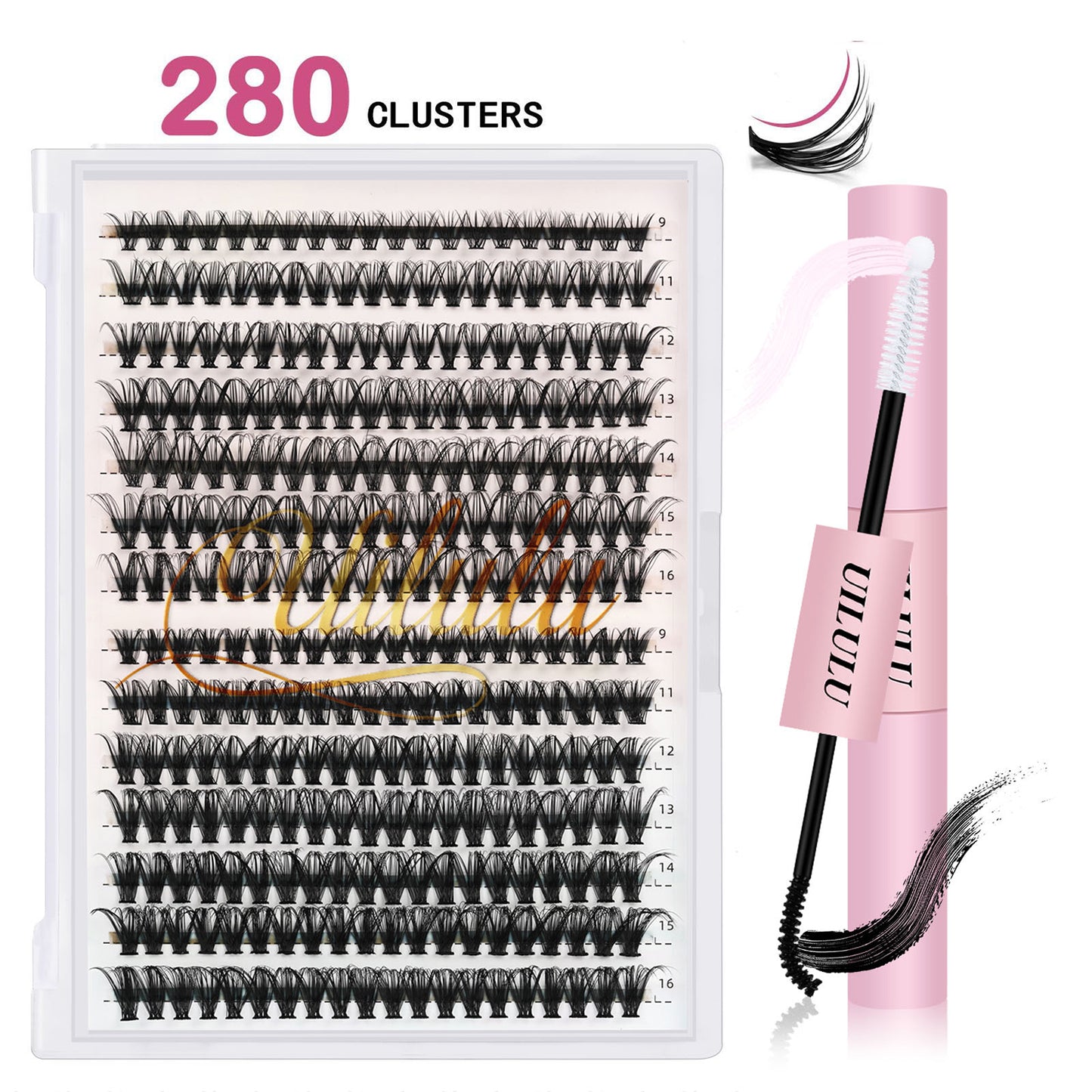 UILULU DIY Lash Extension Kit 280pcs Individual Lashes Clusters D Curl Lash Clusters, Lash Kit with Lash Bond and Seal, Remover, Lash Tweezers (30D+40D-0.07D-9-16MM Kit)