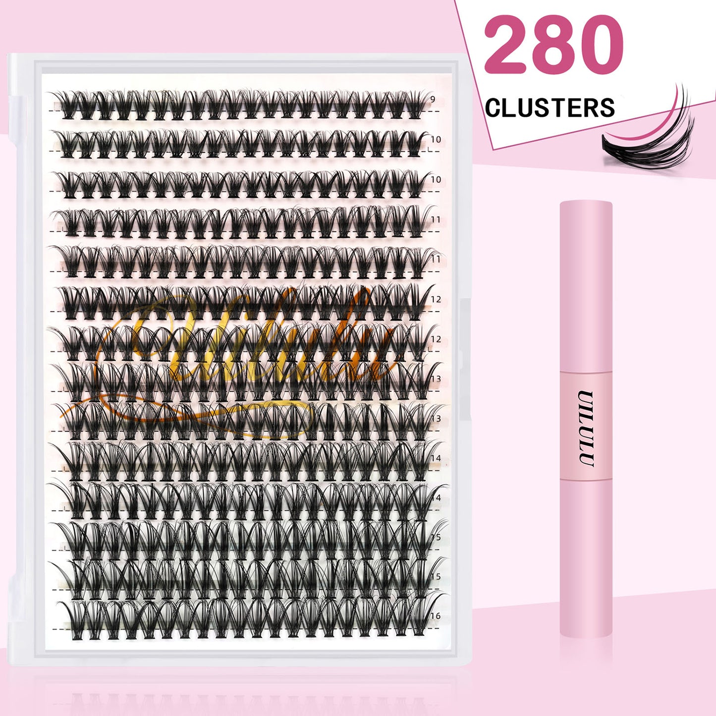 UILULU DIY Lash Extension Kit 280pcs Individual Lashes Clusters D Curl Lash Clusters, Lash Kit with Lash Bond and Seal, Remover, Lash Tweezers (30D-0.07D-9-16MM Kit)