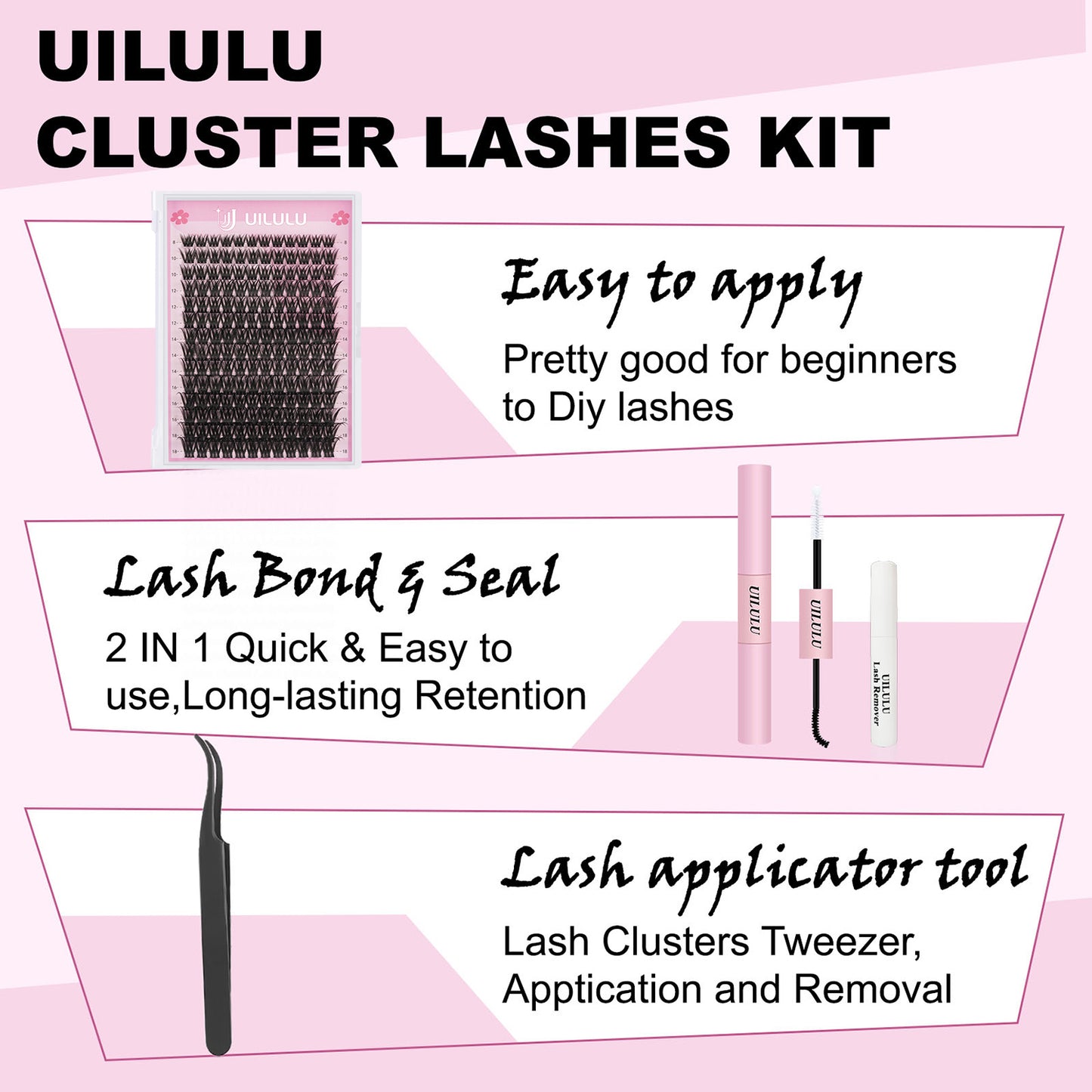 UILULU DIY Lash Extension Kit 168 Count Individual Lash Clusters D Curl Clusters Lashes, Lashes Kit with Lash Bond & Seal, Lash Remover, Lash Tweezers, and Lash Brush D Curl-0.07-8-18MM (U03 Lash Kit)