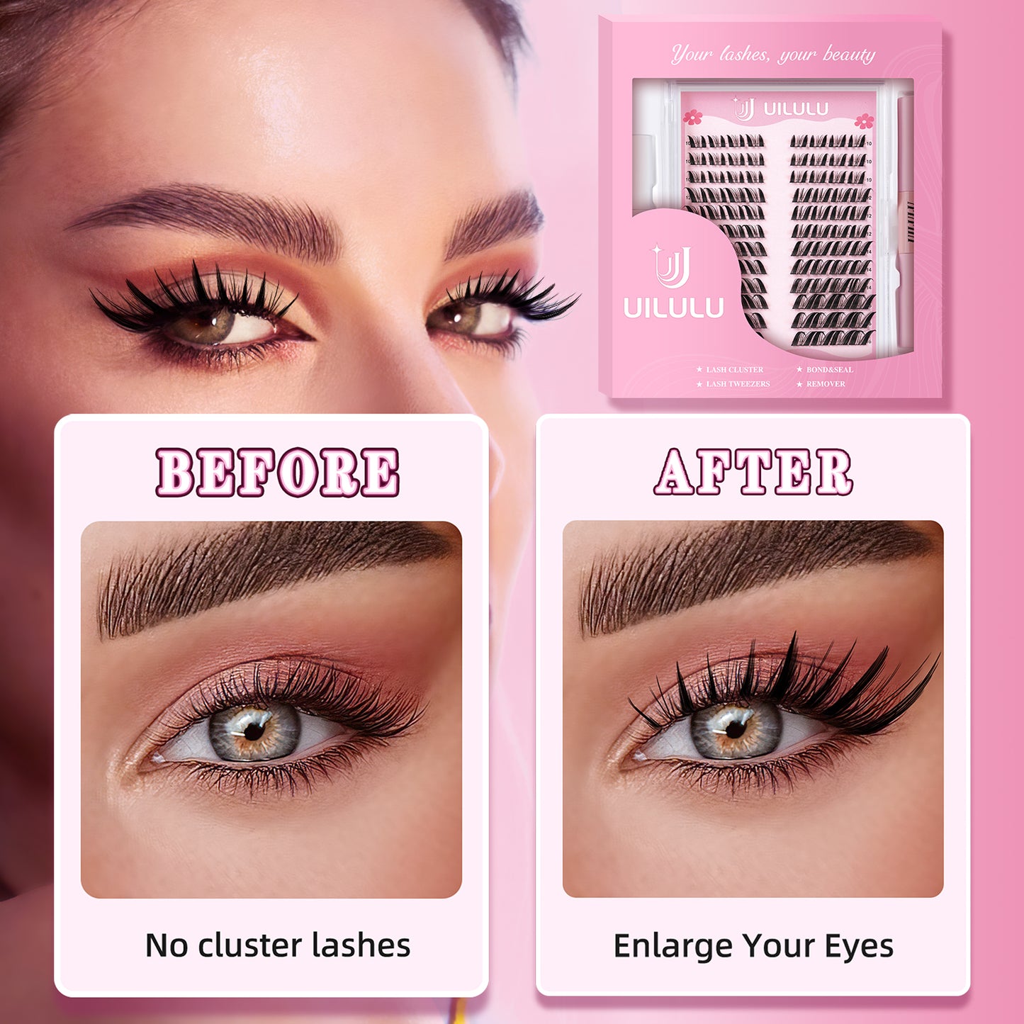 UILULU Manga Fairy Lash Clusters Kit 10–16mm–Anime FoxEye D Curl Eyelash Clusters (Left & Right WideSpan)–DIY Wet Look Lash Extension Kit with Bond & Seal, Glue Remover & Tweezers(U29 Lash Kit)