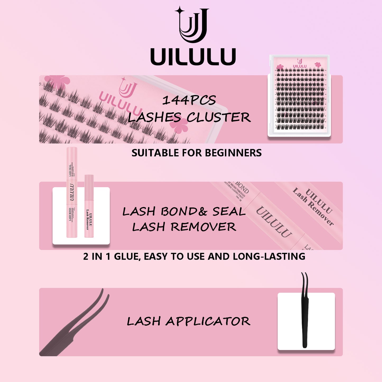 Uilulu Lash Clusters Kit 10-18mm Natural Lashes Clusters D Curl False Eyelash Clusters, DIY Lash Extension Kit with Lash Bond & Seal, Lash Glue Remover, Lash Tweezers(U06 Lash Kit)