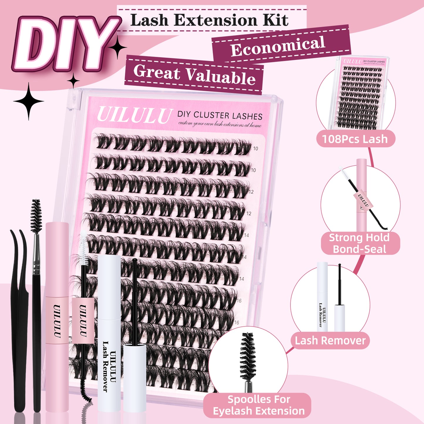 Uilulu Lash Clusters kit 10-18mm DIY Lash Extension Kit 108 D Curl Fluffy Lashes Clusters 0.07D Individual Lashes Clusters False Eyelashes Natural Eye Lash Kits Extensions Kit (U10 Lash Kit)