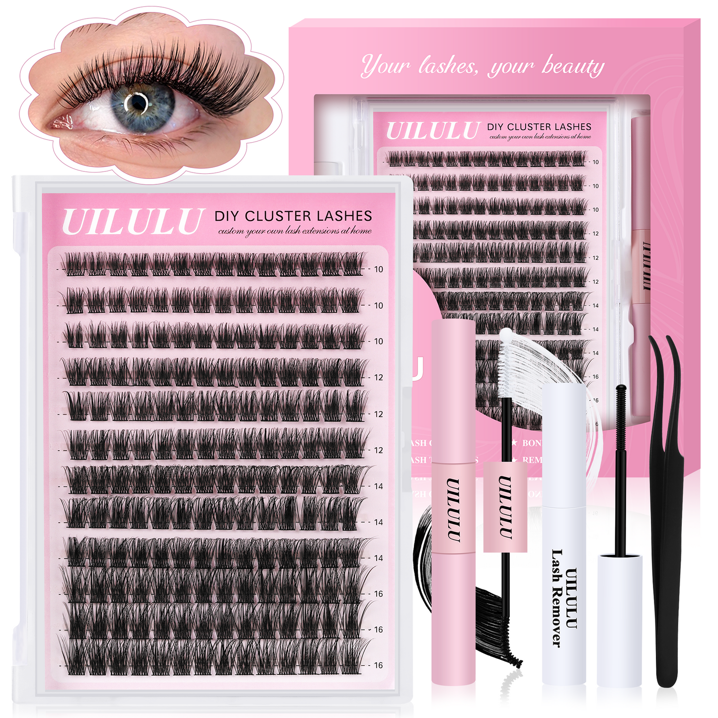 Uilulu Lash Clusters kit 10-16mm DIY Lash Extension Kit 144 D Curl Fluffy Clusters Lashes 0.07D Individual Lashes Clusters False Eyelashes Set Eye Lash Kits Extensions Kit （U11 Lash Kit）