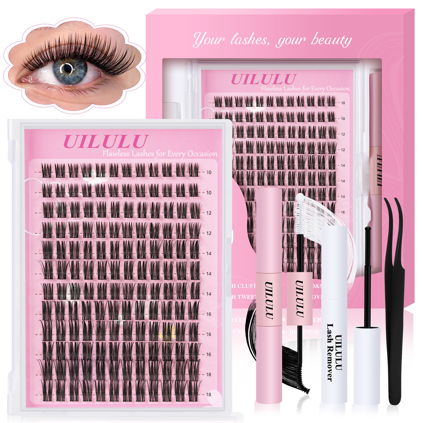 Uilulu Lash Cluster kit 10-18mm DIY Lash Extension Kit 144 D Curl Wispy Clusters Lashes 0.07D Individual Lashes Clusters False Eyelashes Set Eye Lash Kits Extensions Kit （U15 Lash Kit）