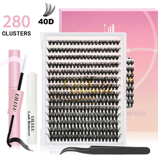 UILULU DIY Lash Extension Kit 280pcs Individual Lashes Clusters D Curl Lash Clusters, Lash Kit with Lash Bond and Seal, Remover, Lash Tweezers (40D-0.07D-9-16MM Kit)