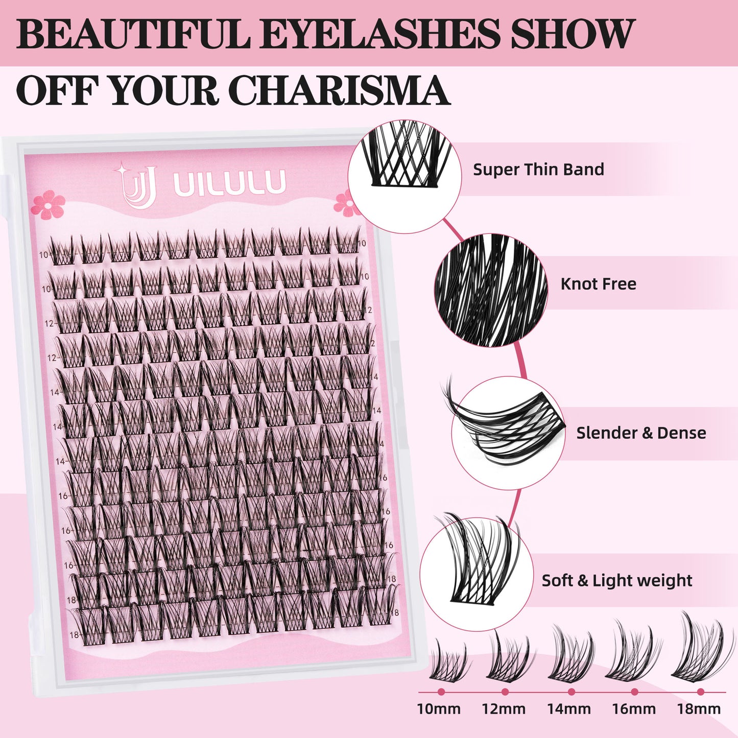Uilulu Lash Clusters D Curl Wispy Clusters Lashes 0.07D 10-18 MIX 132 Eyelashes Individual Lashes DIY Lash Extensions at Home False Lashes Wide Band Natural Eye Lash Clusters(U09 Lash Only, 10-18mix)