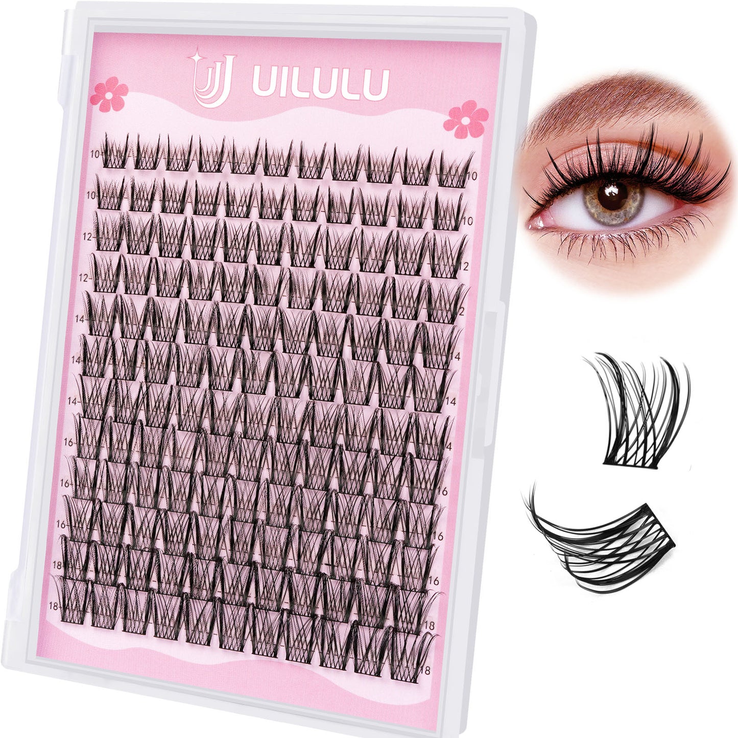 Uilulu Lash Clusters D Curl Wispy Clusters Lashes 0.07D 10-18 MIX 132 Eyelashes Individual Lashes DIY Lash Extensions at Home False Lashes Wide Band Natural Eye Lash Clusters(U09 Lash Only, 10-18mix)
