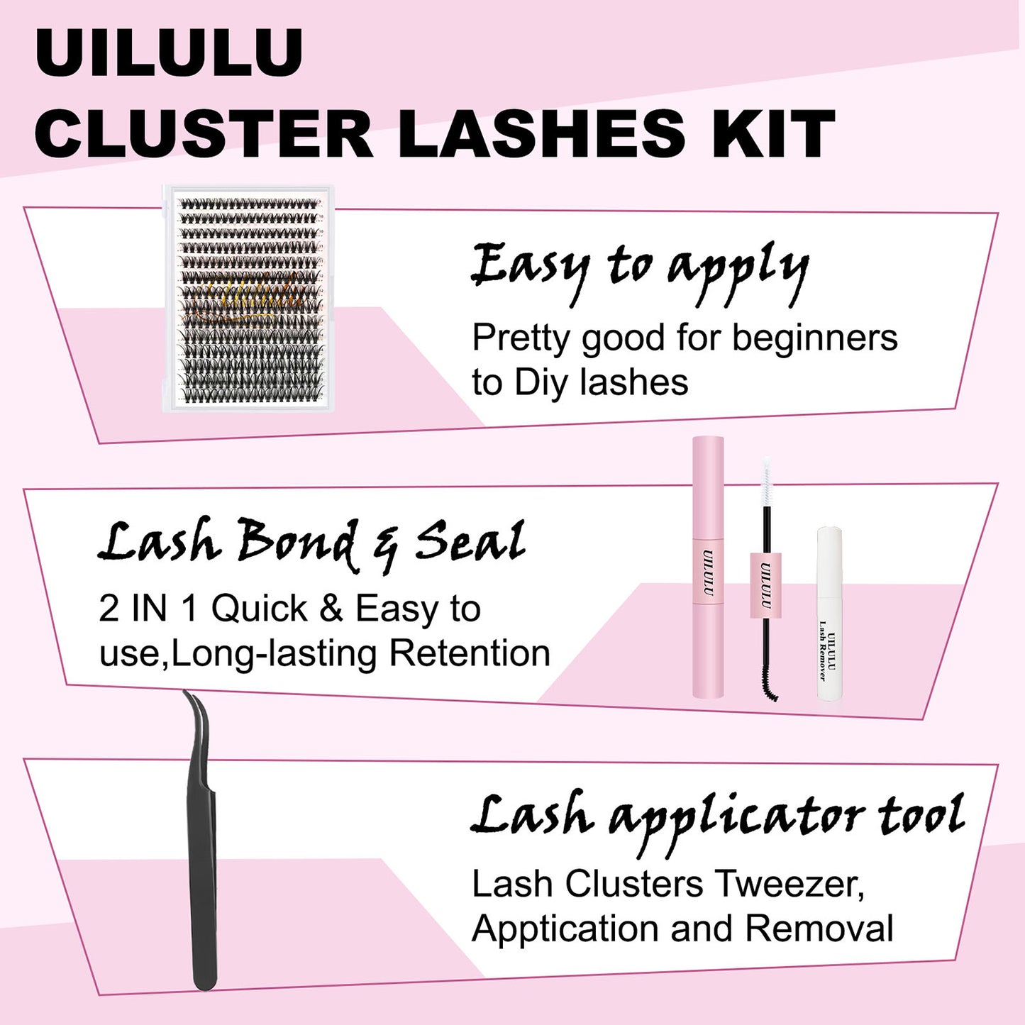 UILULU DIY Lash Extension Kit 280pcs Individual Lashes Clusters D Curl Lash Clusters, Lash Kit with Lash Bond and Seal, Remover, Lash Tweezers (30D-0.07D-9-16MM Kit)