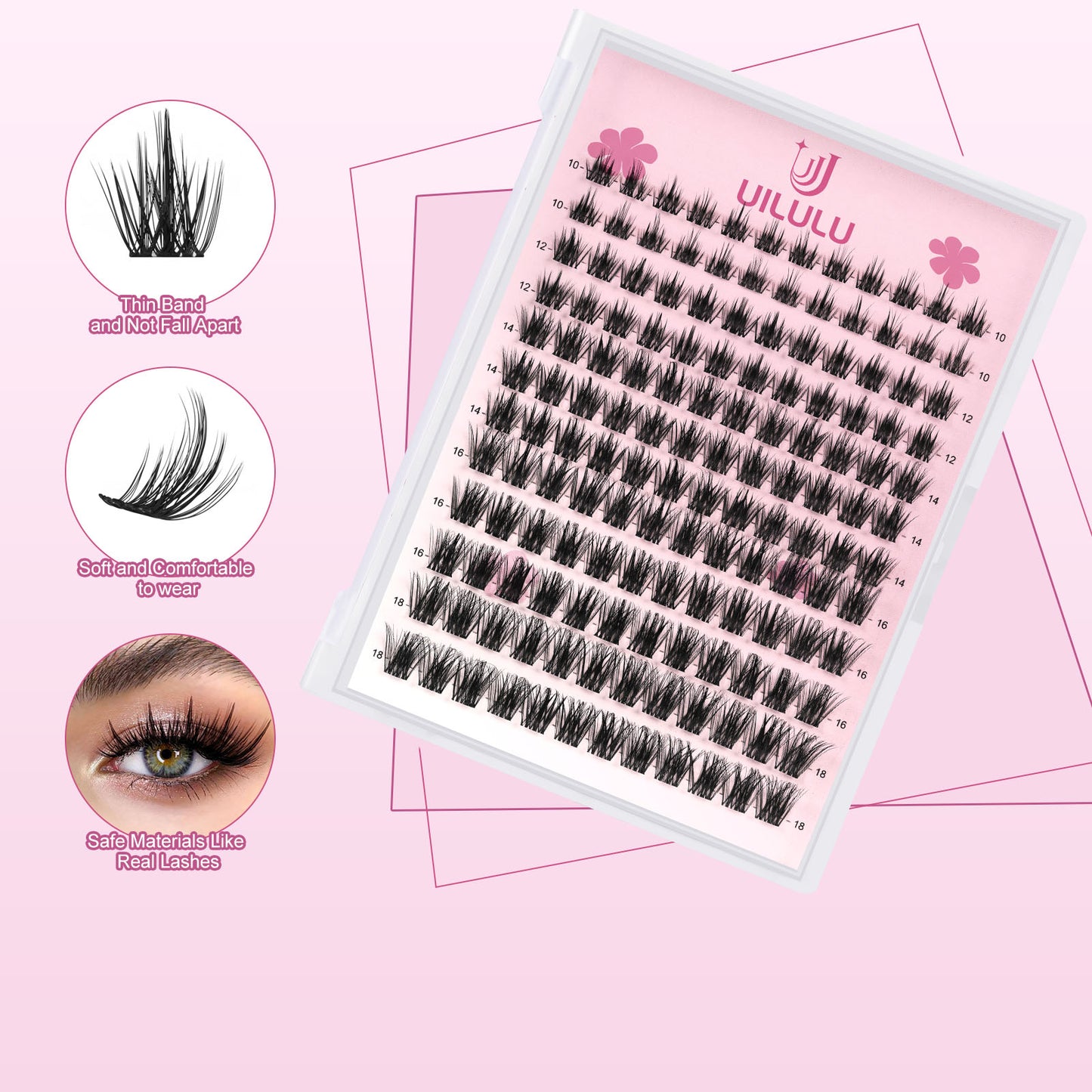 Uilulu Lash Clusters D Curl Invisible Band Clusters Lashes 0.07D 10-18 MIX 144 Eyelashes Individual Lashes DIY Lash Extensions at Home False Lashes Wide Band Wispy Eye Lash Clusters(U06 Lash Only, 10-18mix)