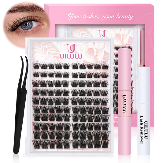 Uilulu Lash Clusters Kit 10-18mm D Curl Clusters Eyelash Extensions Kit False Eyelash Clusters, DIY Lash Extension Kit with Lash Bond & Seal, Lash Glue Remover, Lash Tweezers(U17 Lash Kit)