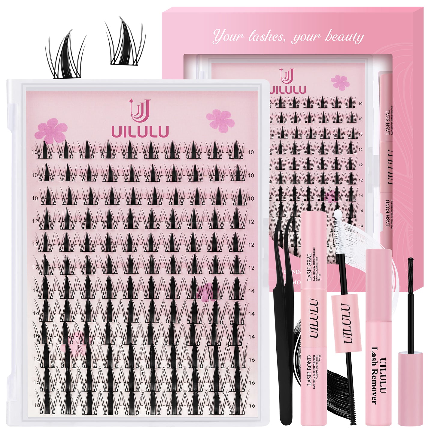 Uilulu Lash Clusters Kit 10-16mm Natural Lashes Clusters D Curl False Eyelash Clusters, DIY Lash Extension Kit with Lash Bond & Seal, Lash Glue Remover, Lash Tweezers(U07 Lash Kit)