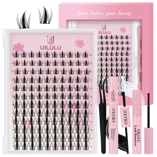 Uilulu Lash Clusters Kit 10-16mm Natural Lashes Clusters D Curl False Eyelash Clusters, DIY Lash Extension Kit with Lash Bond & Seal, Lash Glue Remover, Lash Tweezers(U07 Lash Kit)