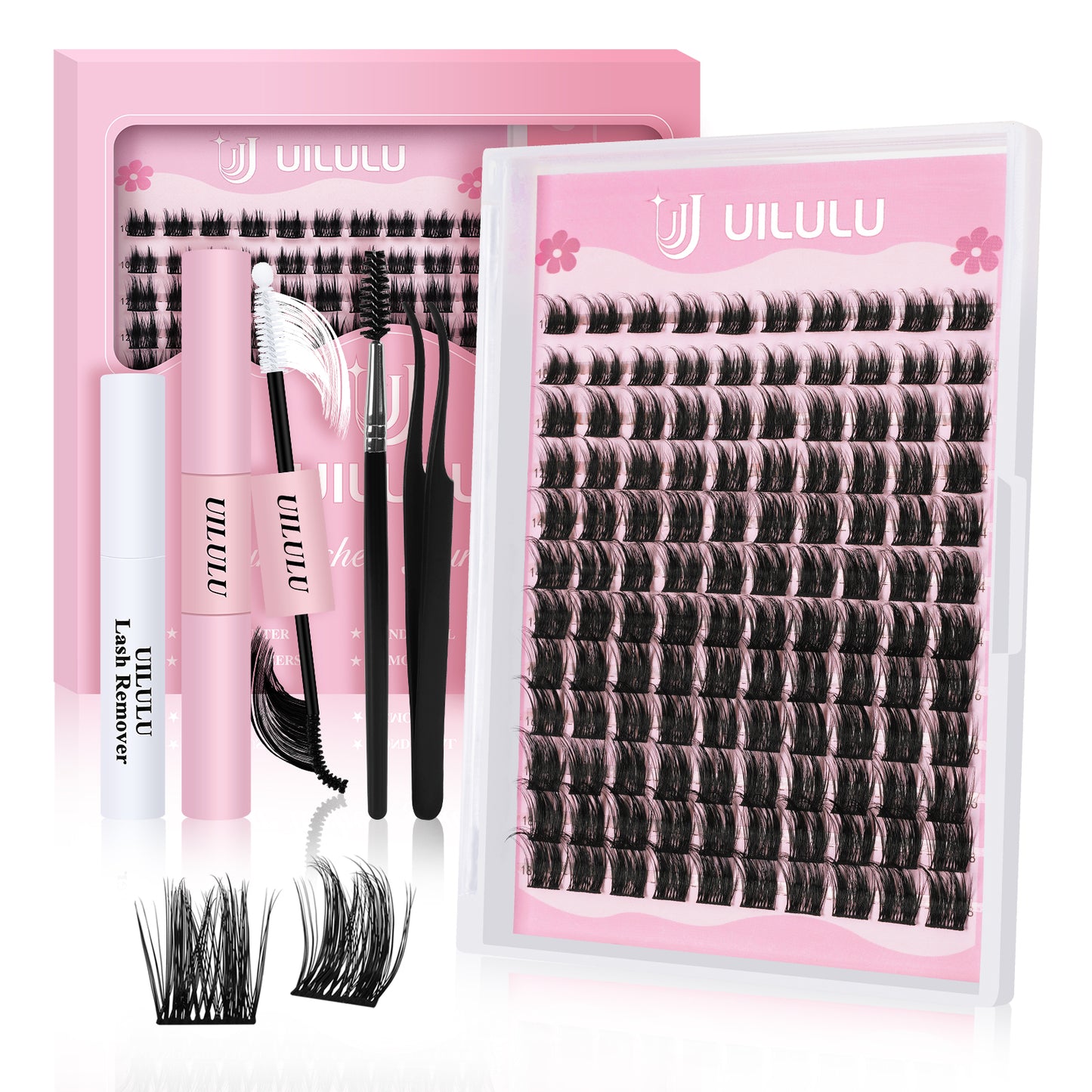 Uilulu Lash Clusters Kit 10-18mm Natural Lashes Clusters D Curl False Eyelash Clusters, DIY Lash Extension Kit with Lash Bond & Seal, Lash Glue Remover, Lash Tweezers & Lash Brush(U05 Lash Kit)