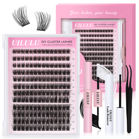 Uilulu Lash Clusters kit 10-16mm DIY Lash Extension Kit 144 D Curl Fluffy Clusters Lashes 0.07D Individual Lashes Clusters False Eyelashes Set Eye Lash Kits Extensions Kit （U11 Lash Kit）