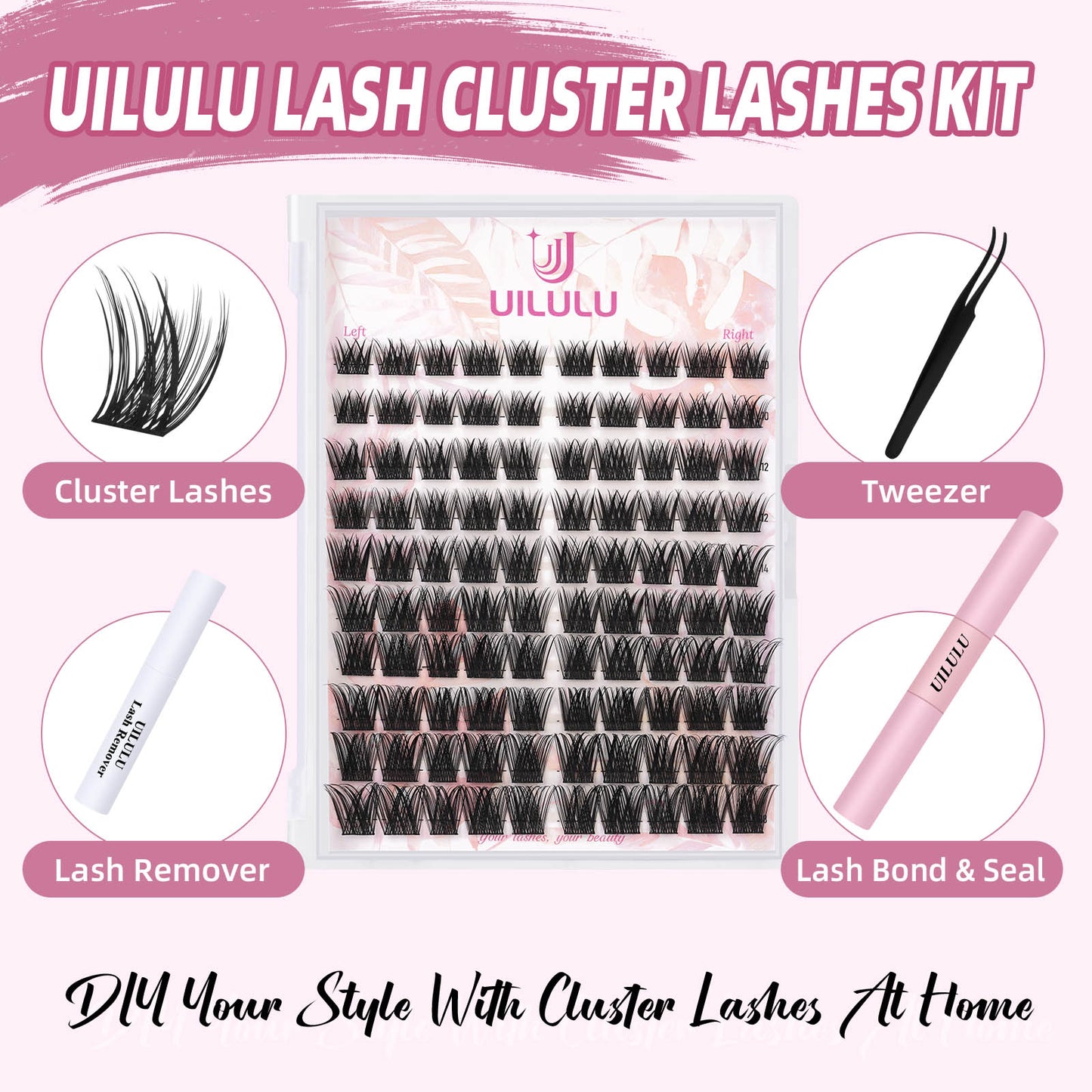 Uilulu Lash Clusters Kit 10-18mm D Curl Clusters Eyelash Extensions Kit False Eyelash Clusters, DIY Lash Extension Kit with Lash Bond & Seal, Lash Glue Remover, Lash Tweezers(U17 Lash Kit)