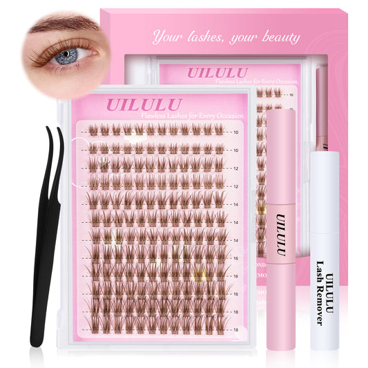 Uilulu Brown Lash Clusters Kit 10-18mm Wispy Lash Clusters D Curl Eyelash Clusters, DIY Lash Extension Kit with Lash Bond & Seal, Lash Glue Remover, Lash Tweezers(U19 Lash Kit)