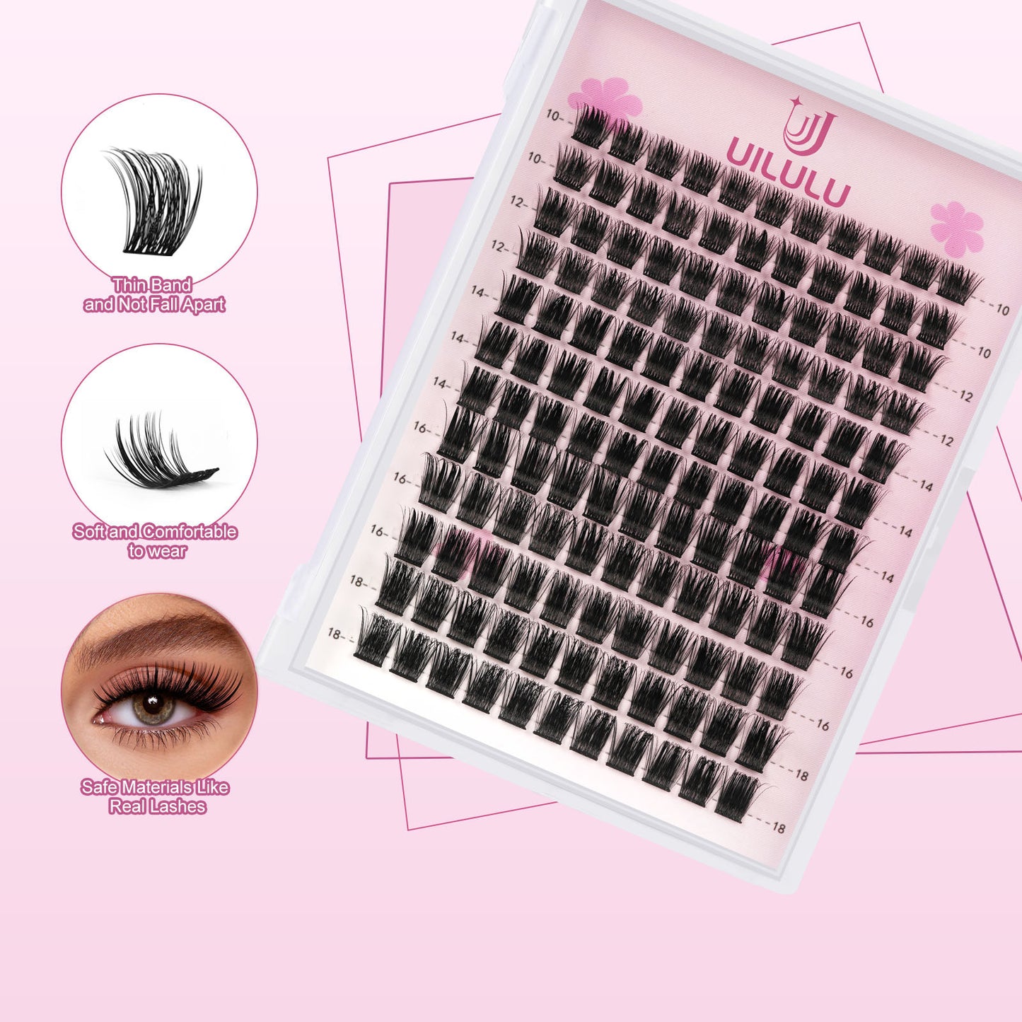 Uilulu Lash Clusters D Curl Fluffy Clusters Lashes 0.07D 10-18 MIX 132 Eyelashes Individual Lashes DIY Lash Extensions at Home False Lashes Wide Band Wispy Eye Lash Clusters(U08 Lash Only, 10-18mix)