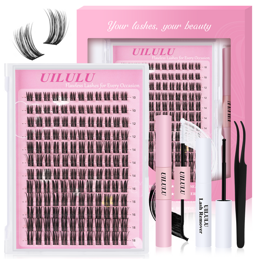 Uilulu Lash Cluster kit 10-18mm DIY Lash Extension Kit 144 D Curl Wispy Clusters Lashes 0.07D Individual Lashes Clusters False Eyelashes Set Eye Lash Kits Extensions Kit （U15 Lash Kit）