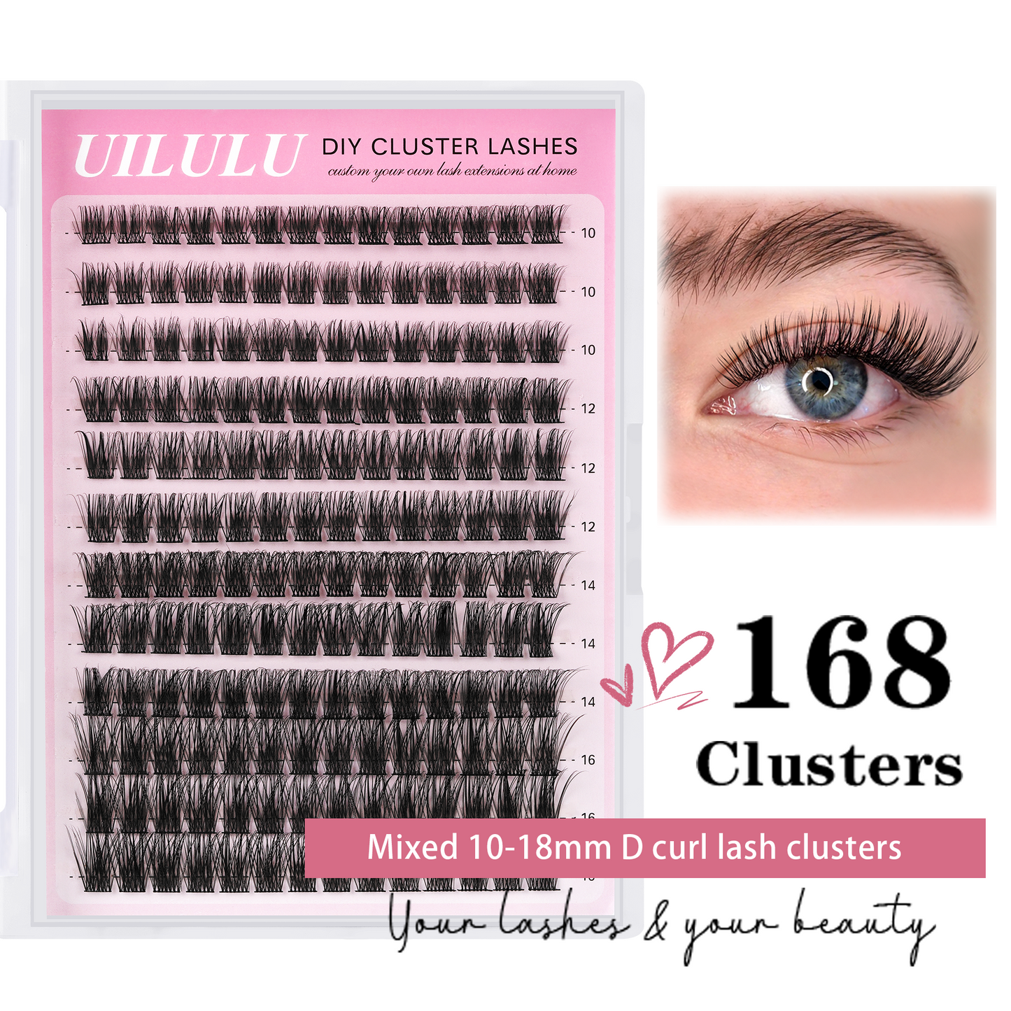 Uilulu Lash Clusters D Curl Fluffy Clusters Lashes 0.07D 10-16 MIX 144 Eyelashes Individual Lashes Clusters DIY Lash Extensions at Home False Lashes Wide Band Natural Eye Lash Clusters(U11 Lash Only, 10-16mix)