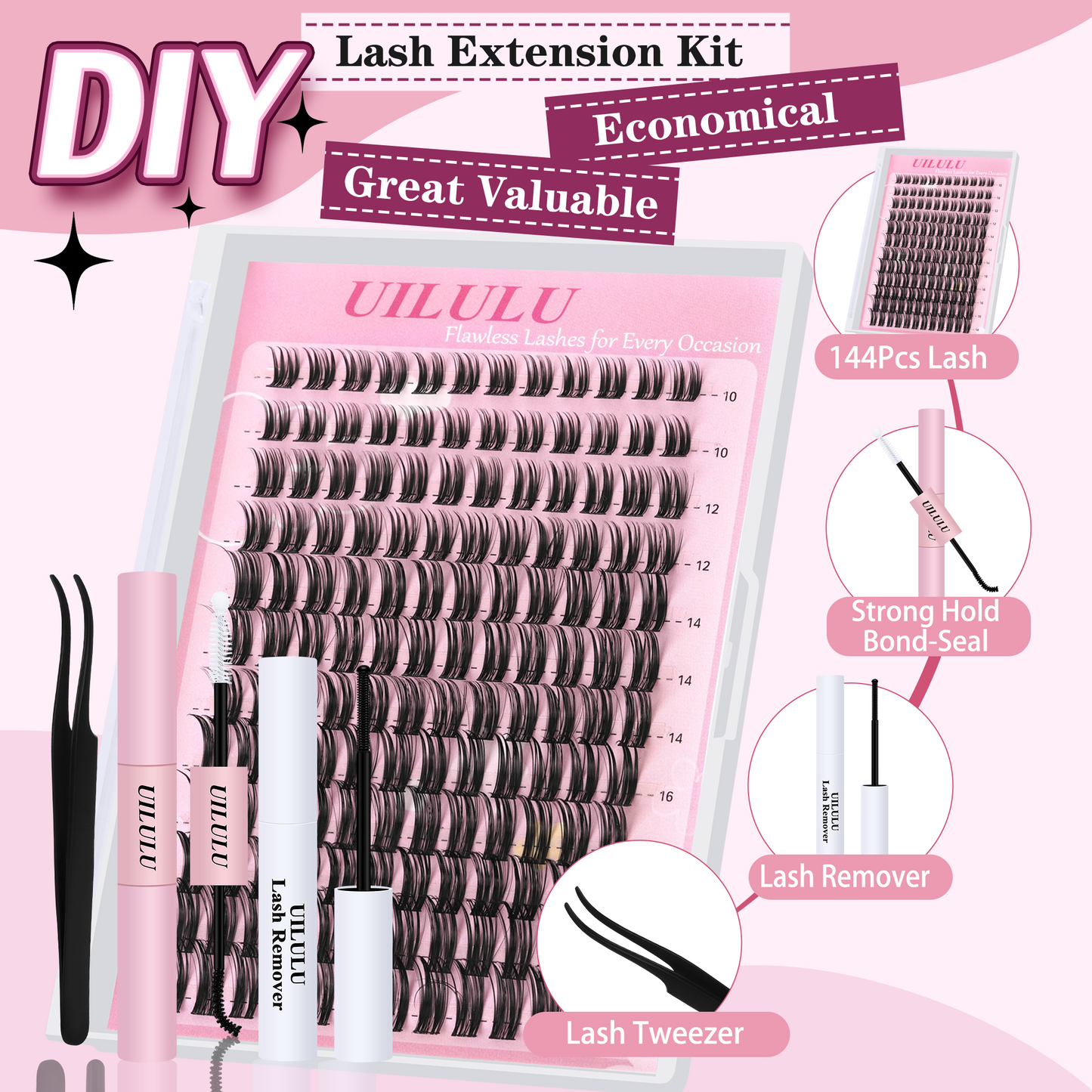 Uilulu Lash Cluster kit 10-18mm DIY Lash Extension Kit 144 D Curl Wispy Clusters Lashes 0.07D Individual Lashes Clusters False Eyelashes Set Eye Lash Kits Extensions Kit （U15 Lash Kit）
