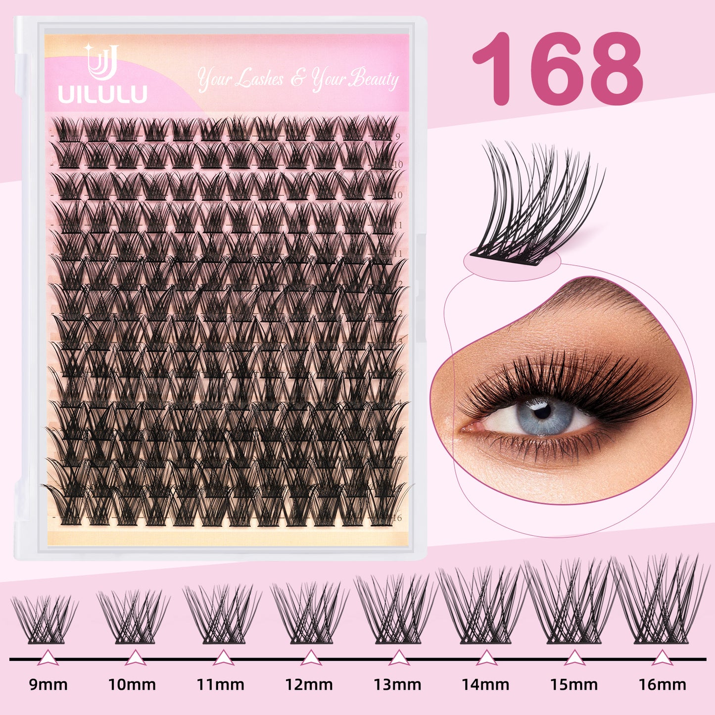 UILULU DIY Cluster Lashes 168pcs Individual U02 Lashes Clusters D Curl Natural Eyelash Extension, False Eyelashes Lash Clusters At Home Lash Extensions (U02-0.07D-9-16MM Lash Only)