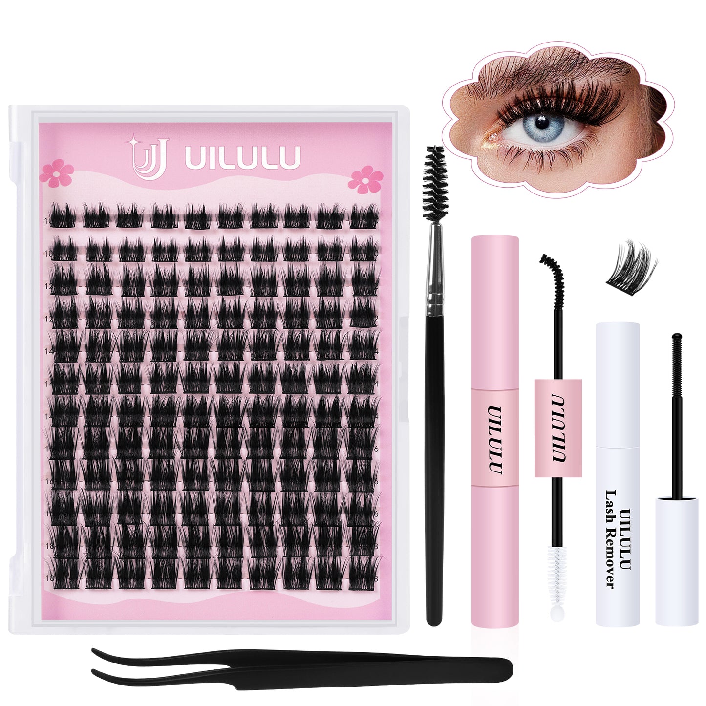 Uilulu Lash Clusters Kit 10-18mm Natural Lashes Clusters D Curl False Eyelash Clusters, DIY Lash Extension Kit with Lash Bond & Seal, Lash Glue Remover, Lash Tweezers & Lash Brush(U05 Lash Kit)