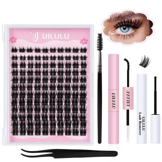 Uilulu Lash Clusters Kit 10-18mm Natural Lashes Clusters D Curl False Eyelash Clusters, DIY Lash Extension Kit with Lash Bond & Seal, Lash Glue Remover, Lash Tweezers & Lash Brush(U05 Lash Kit)