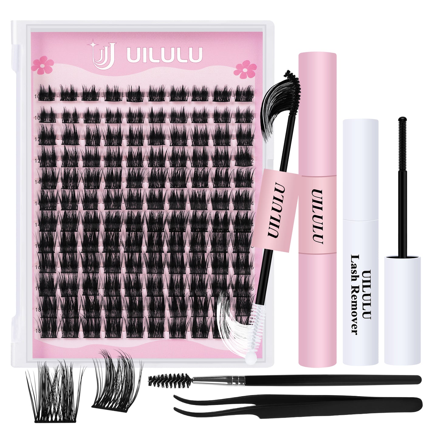 Uilulu Lash Clusters Kit 10-18mm Natural Lashes Clusters D Curl False Eyelash Clusters, DIY Lash Extension Kit with Lash Bond & Seal, Lash Glue Remover, Lash Tweezers & Lash Brush(U05 Lash Kit)