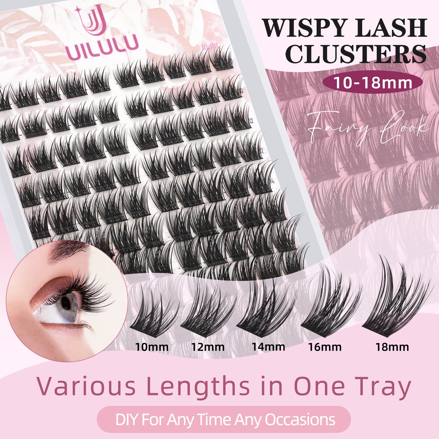 Uilulu Lash Clusters Kit 10-18mm D Curl Clusters Eyelash Extensions Kit False Eyelash Clusters DIY Eyelash Extensions Individual Cluster Lashes (U017 Lashes Only, D Curl, 10-18 MIX)
