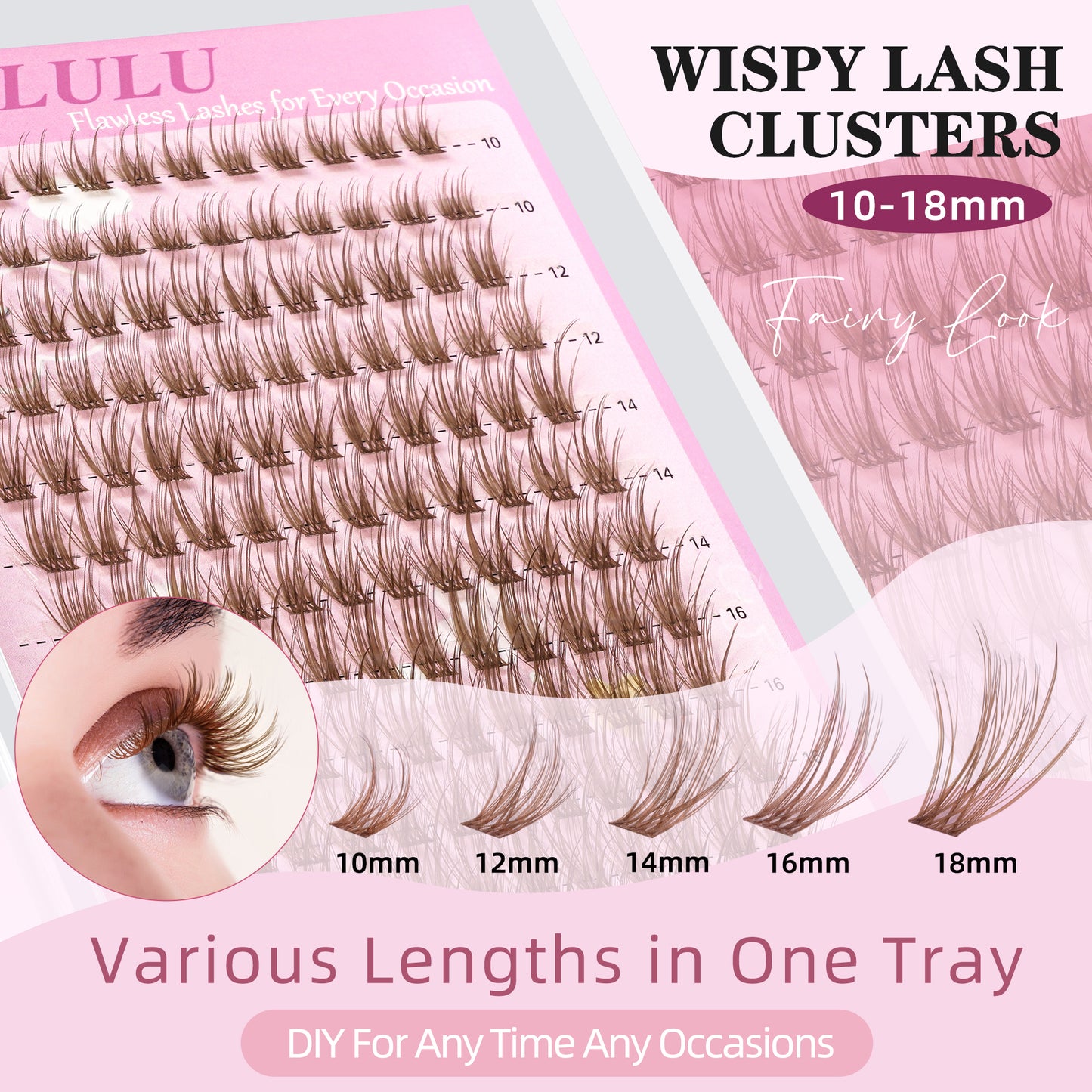 Uilulu Brown Lash Clusters 10-18mm Wispy Lash Clusters DIY Eyelash Extensions Individual Cluster Lashes (U19 Lashes Only, D Curl, 10-18 MIX)