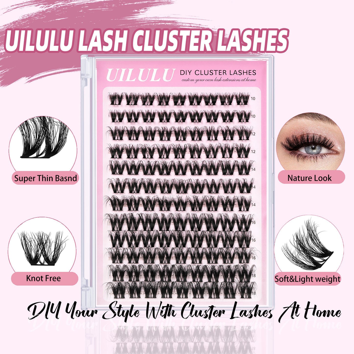 Uilulu Lash Clusters D Curl Fluffy Clusters Lashes 0.07D 10-18 MIX 108 Eyelashes Individual Lashes DIY Lash Extensions at Home False Lashes Wide Band Natural Eye Lash Clusters(U10 Lash Only, 10-18mix)