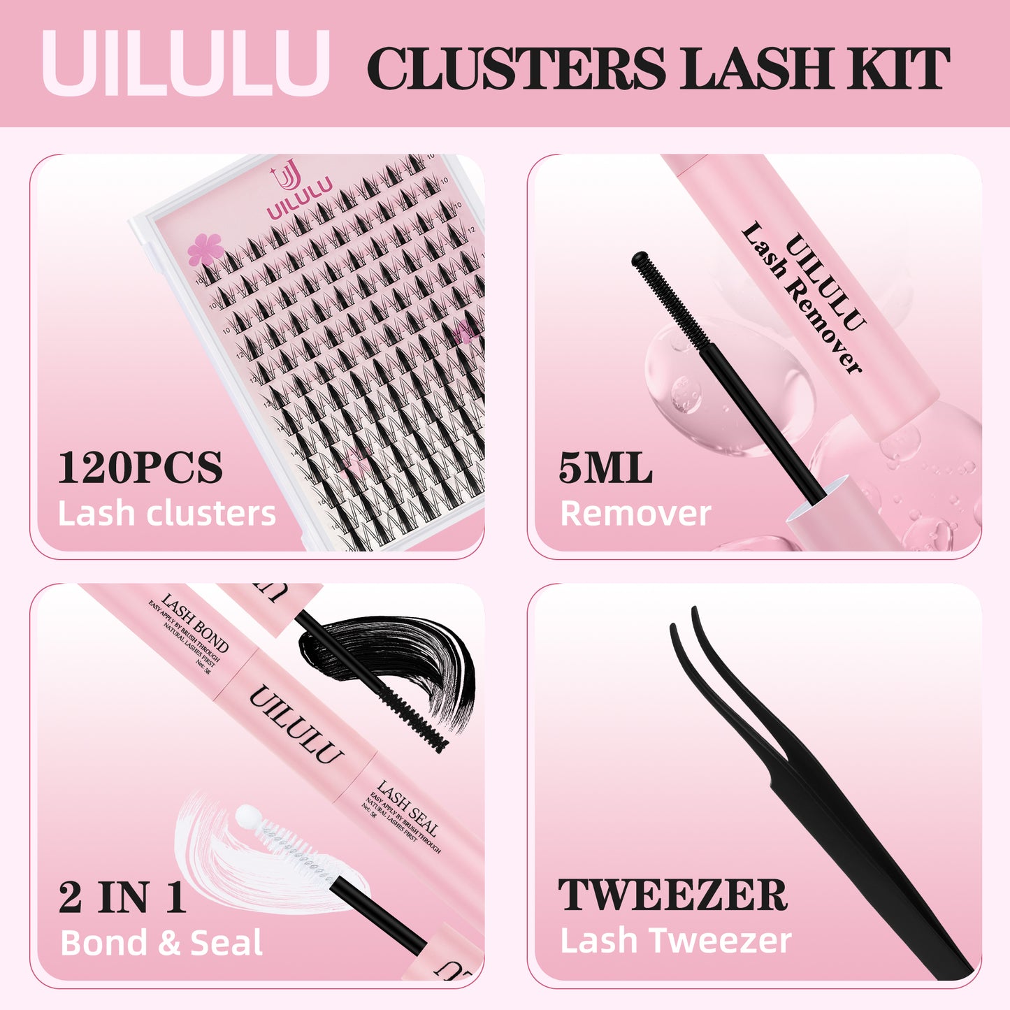 Uilulu Lash Clusters Kit 10-16mm Natural Lashes Clusters D Curl False Eyelash Clusters, DIY Lash Extension Kit with Lash Bond & Seal, Lash Glue Remover, Lash Tweezers(U07 Lash Kit)