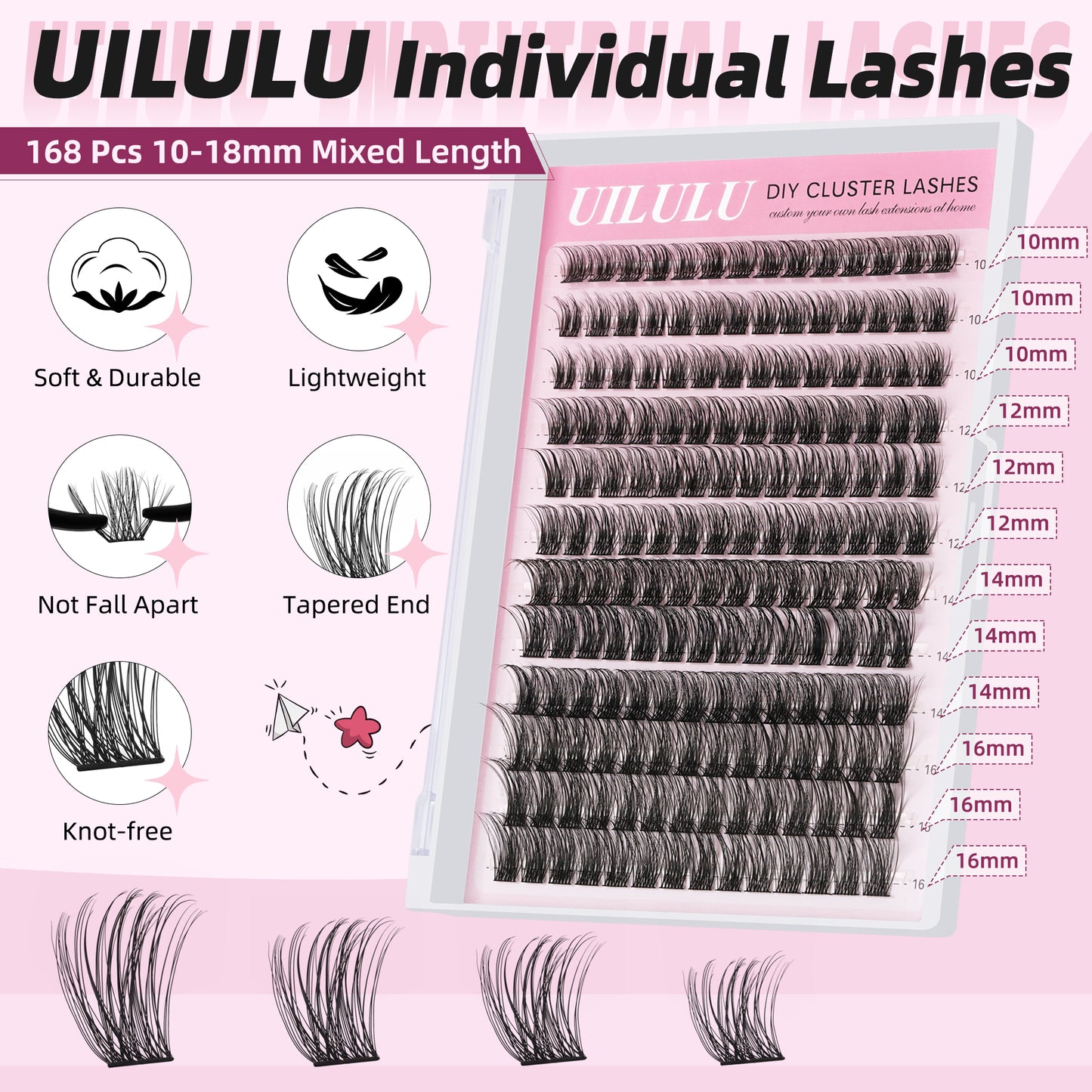 Uilulu Lash Clusters D Curl Fluffy Clusters Lashes 0.07D 10-16 MIX 144 Eyelashes Individual Lashes Clusters DIY Lash Extensions at Home False Lashes Wide Band Natural Eye Lash Clusters(U11 Lash Only, 10-16mix)