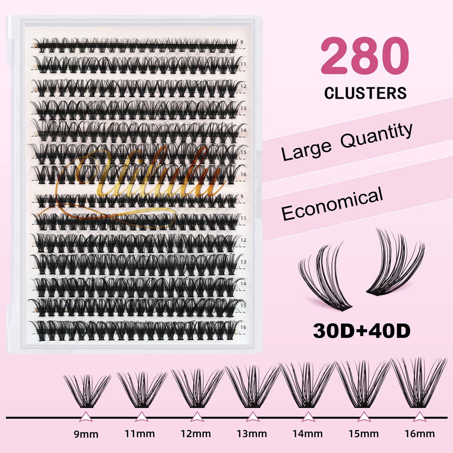 UILULU DIY Cluster Lashes 280pcs Individual 30D+40D Natural Lashes Clusters D Curl Eyelash Extension, False Eyelashes Lash Clusters At Home Lash Extensions (30D+40D-0.07D-9-16MM Lash Only)