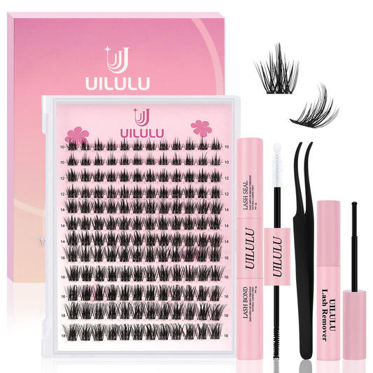 Uilulu Lash Clusters Kit 10-18mm Natural Lashes Clusters D Curl False Eyelash Clusters, DIY Lash Extension Kit with Lash Bond & Seal, Lash Glue Remover, Lash Tweezers(U06 Lash Kit)