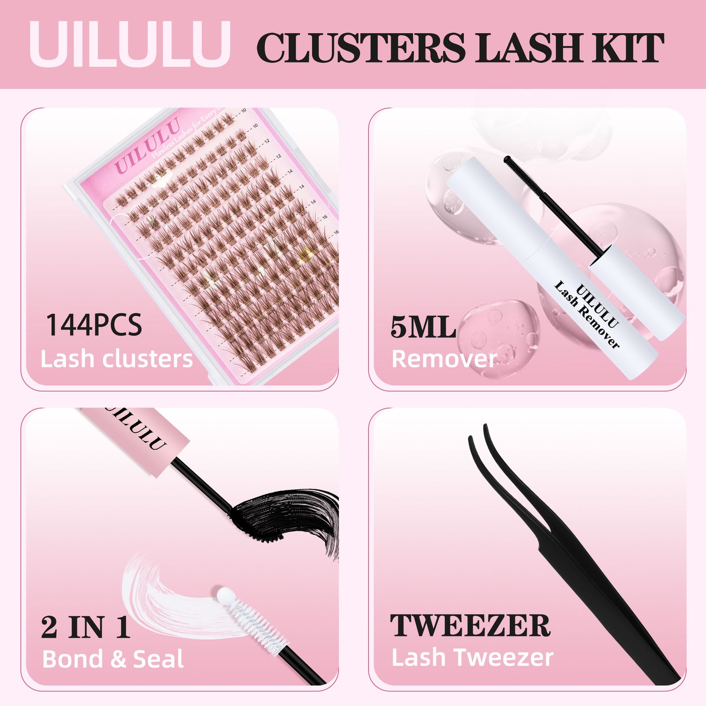 Uilulu Brown Lash Clusters Kit 10-18mm Wispy Lash Clusters D Curl Eyelash Clusters, DIY Lash Extension Kit with Lash Bond & Seal, Lash Glue Remover, Lash Tweezers(U19 Lash Kit)