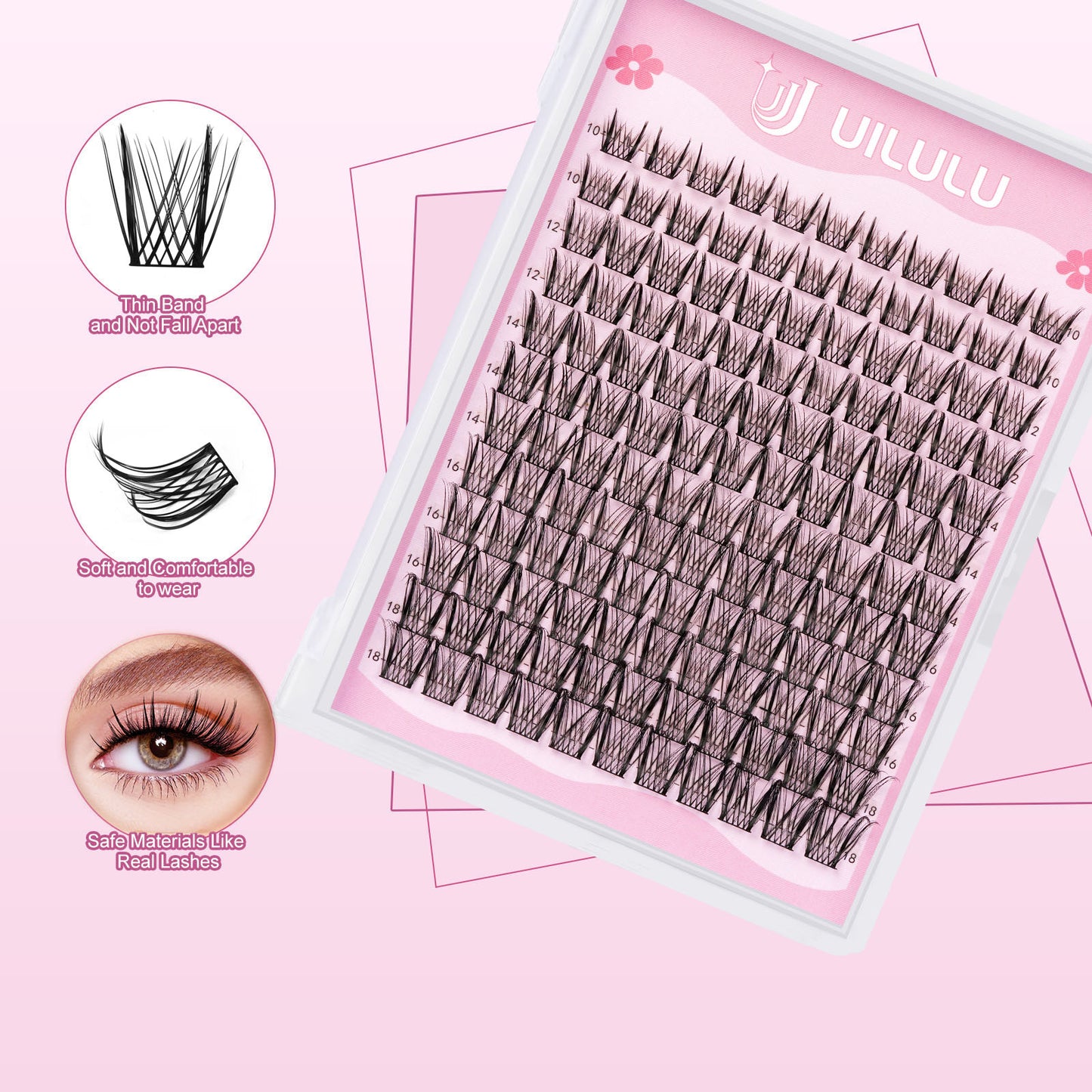 Uilulu Lash Clusters D Curl Wispy Clusters Lashes 0.07D 10-18 MIX 132 Eyelashes Individual Lashes DIY Lash Extensions at Home False Lashes Wide Band Natural Eye Lash Clusters(U09 Lash Only, 10-18mix)
